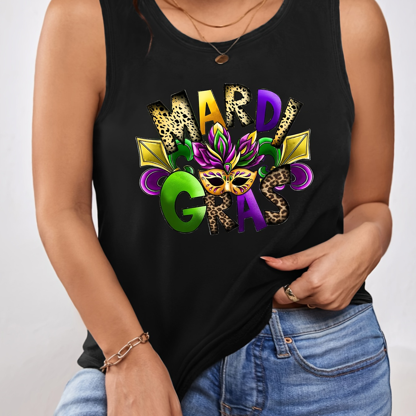 Plus Size Mardi Gras Print Tank Top, Sleeveless Casual Top For Summer & Spring, Women's Plus Size Clothing
Plus Size Mardi Gras Print Tank Top, Sleeveless Casual Top For Summer & Spring, Women's Plus Size Clothing