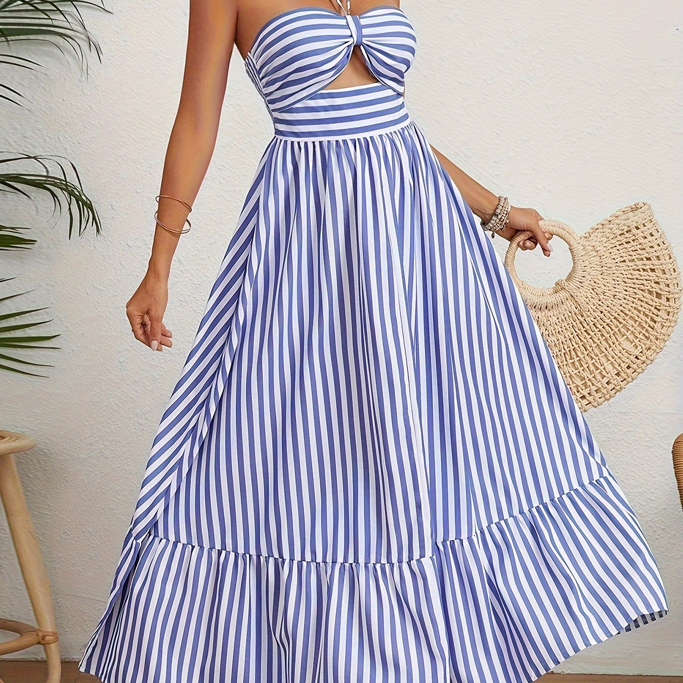 Striped Halter Neck Cut Out Dress, Vacation Style Open Back Dress For Spring & Summer, Women's Clothing
Striped Halter Neck Cut Out Dress, Vacation Style Open Back Dress For Spring & Summer, Women's Clothing