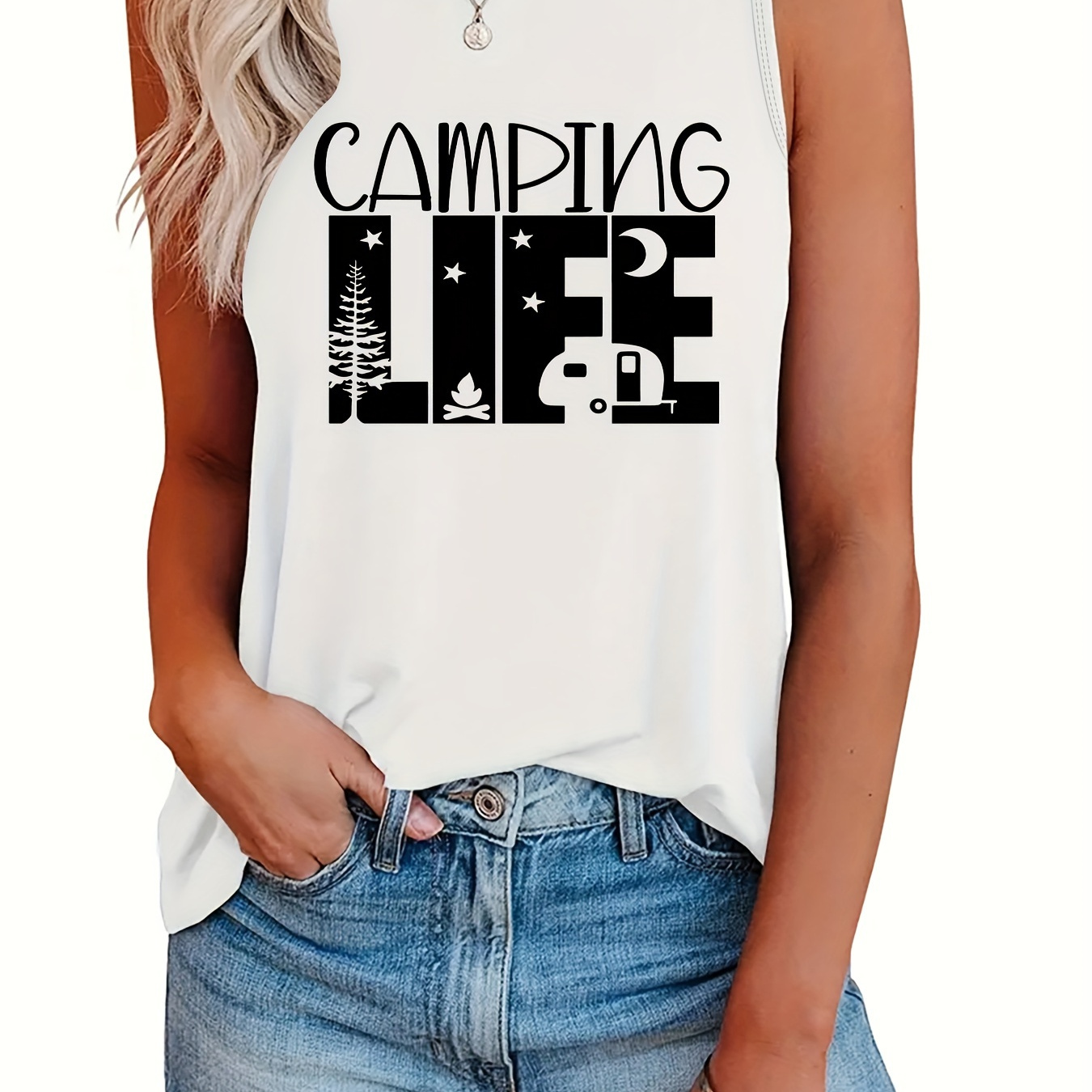 Plus Size Camping Life Print Tank Top, Casual Crew Neck Sleeveless Top For Summer, Women's Plus Size Clothing
Plus Size Camping Life Print Tank Top, Casual Crew Neck Sleeveless Top For Summer, Women's Plus Size Clothing