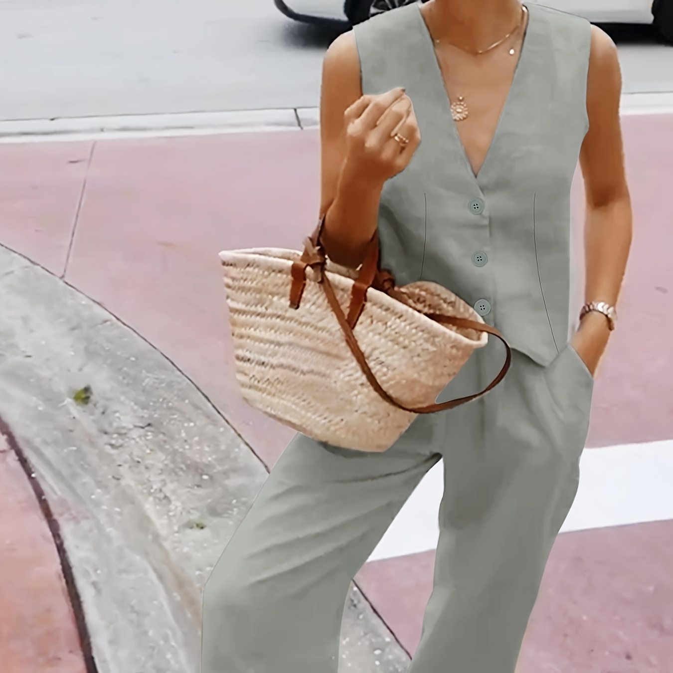 Solid Color Summer Elegant Pants Set, Button Front V Neck Vest & Pocket Pants Outfits, Women's Clothing
Solid Color Summer Elegant Pants Set, Button Front V Neck Vest & Pocket Pants Outfits, Women's Clothing