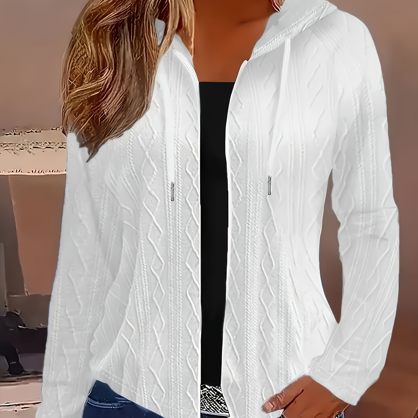 Textured Full Zipper Jacket, Casual Long Sleeve Drawstring Hooded Jacket For Spring & Fall, Women's Clothing
Textured Full Zipper Jacket, Casual Long Sleeve Drawstring Hooded Jacket For Spring & Fall, Women's Clothing