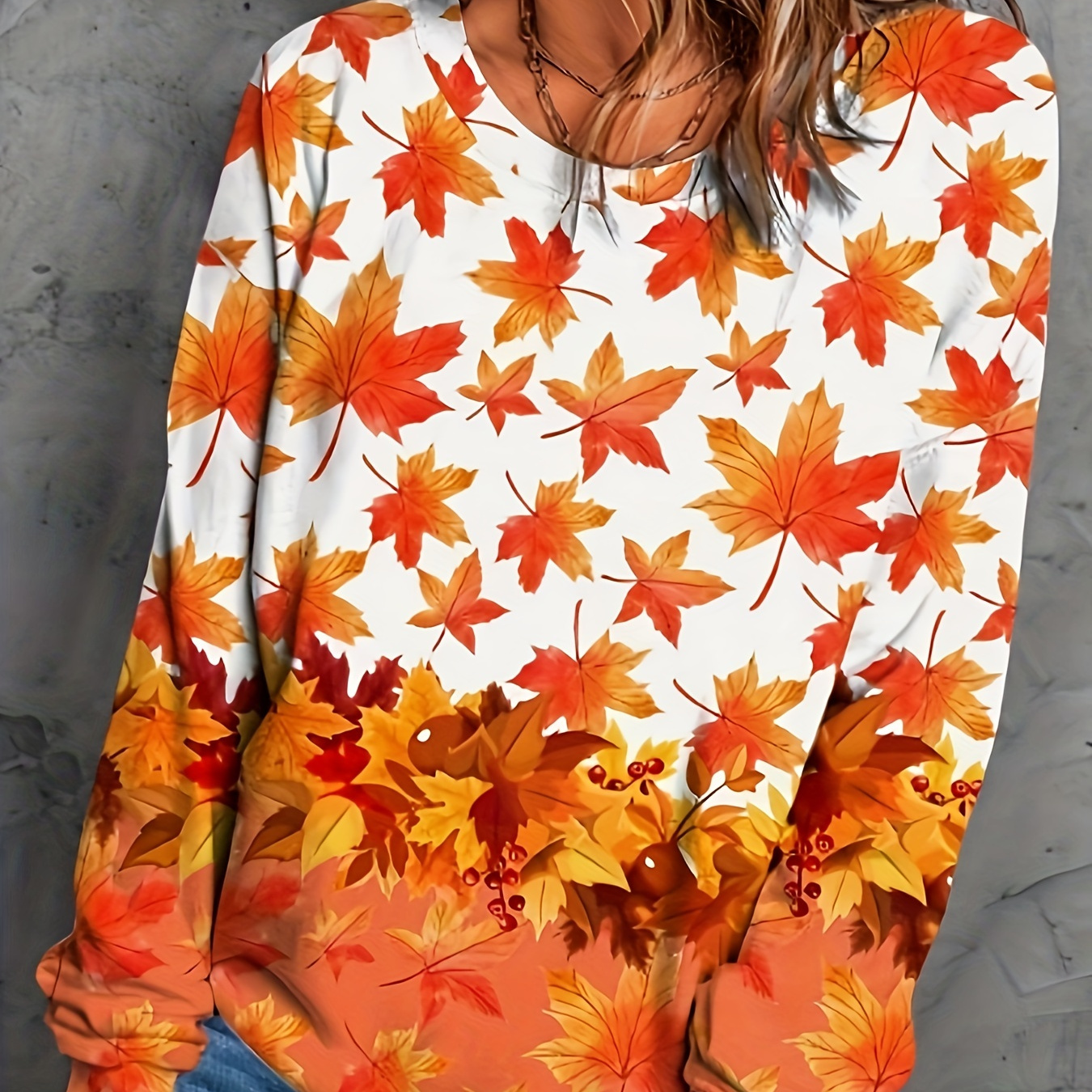 Plus Size Casual Sweatshirt, Women's Plus Leaf Print Long Sleeve Crew Neck Medium Stretch Pullover Sweatshirt, Casual Tops For Fall & Winter, Plus Size Women's Clothing
Plus Size Casual Sweatshirt, Women's Plus Leaf Print Long Sleeve Crew Neck Medium Stretch Pullover Sweatshirt, Casual Tops For Fall & Winter, Plus Size Women's Clothing