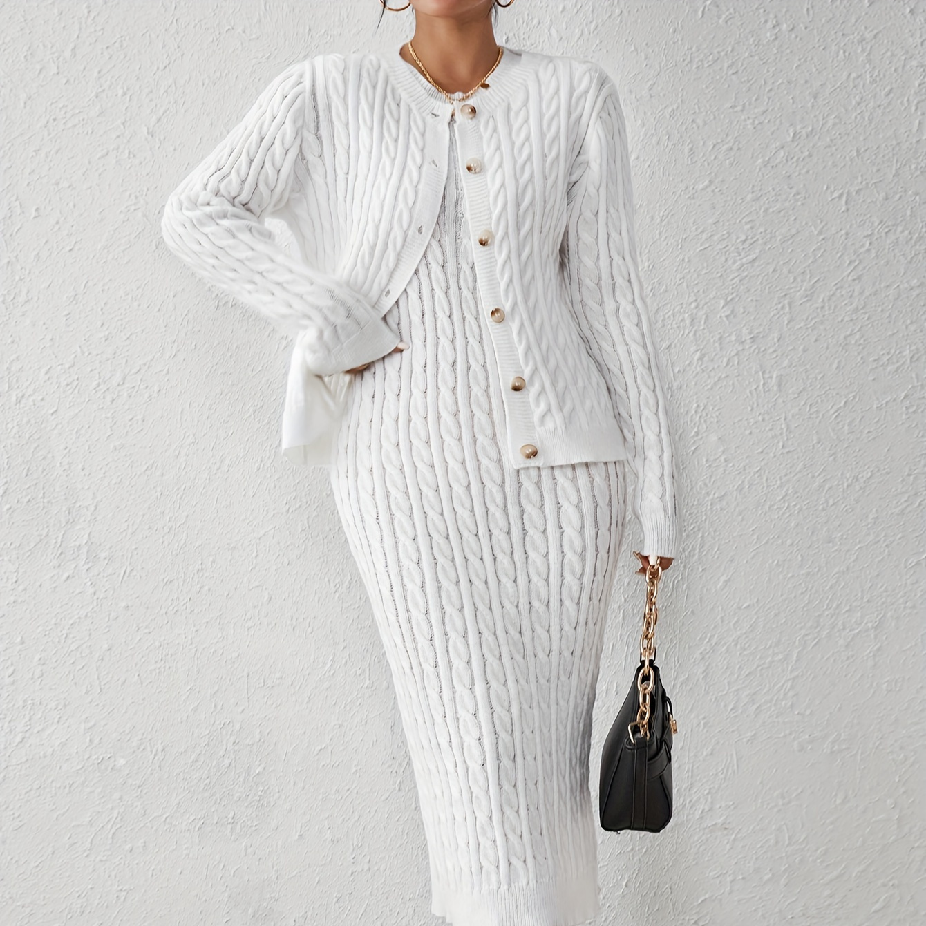 Cable Knit Solid Two-piece Set, Button Front Long Sleeve Tops & Crew Neck Sleeveless Dress Outfits, Women's Clothing
Cable Knit Solid Two-piece Set, Button Front Long Sleeve Tops & Crew Neck Sleeveless Dress Outfits, Women's Clothing