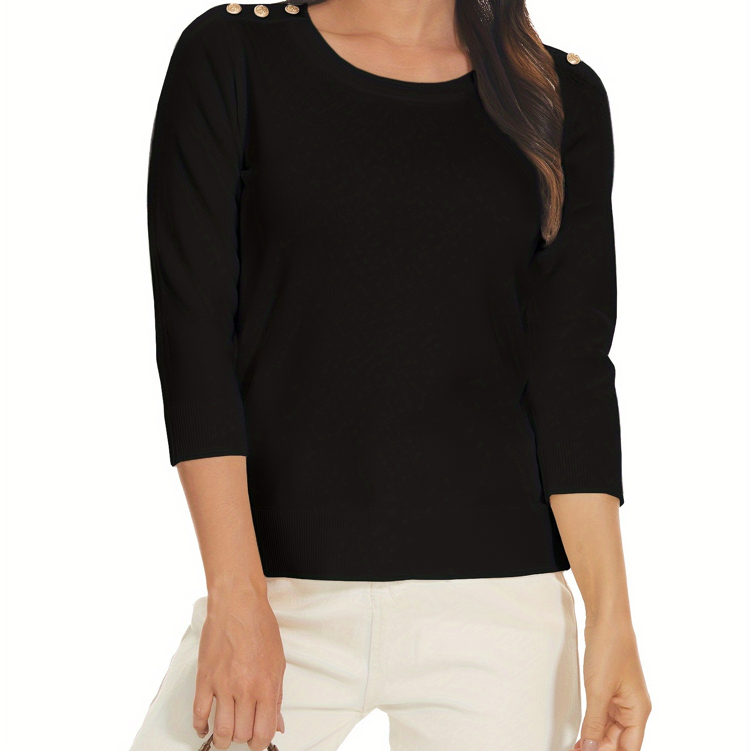 Button Decor Crew Neck Pullover Sweater, Elegant 3/4 Sleeve Thin Knit Top For Spring & Summer, Women's Clothing
Button Decor Crew Neck Pullover Sweater, Elegant 3/4 Sleeve Thin Knit Top For Spring & Summer, Women's Clothing