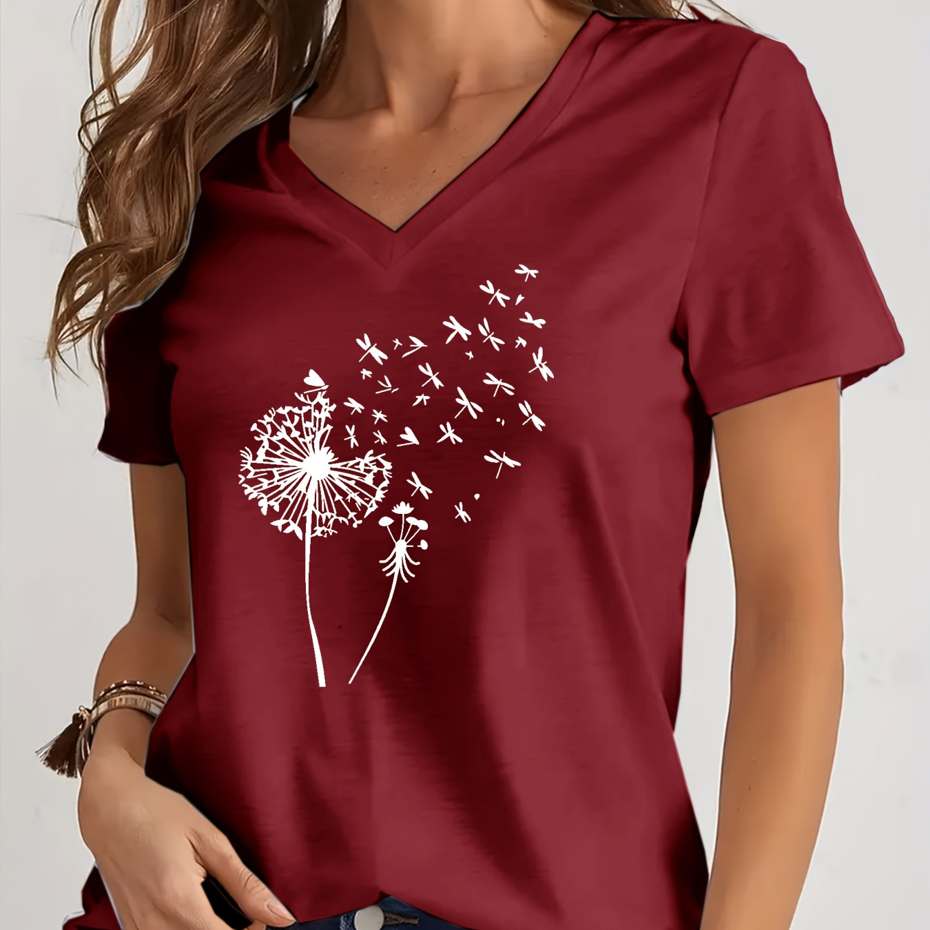 Women's Casual V-neck T-shirt With Dandelion Print - Polyester Knit Fabric, Short Sleeve Summer Top
Women's Casual V-neck T-shirt With Dandelion Print - Polyester Knit Fabric, Short Sleeve Summer Top