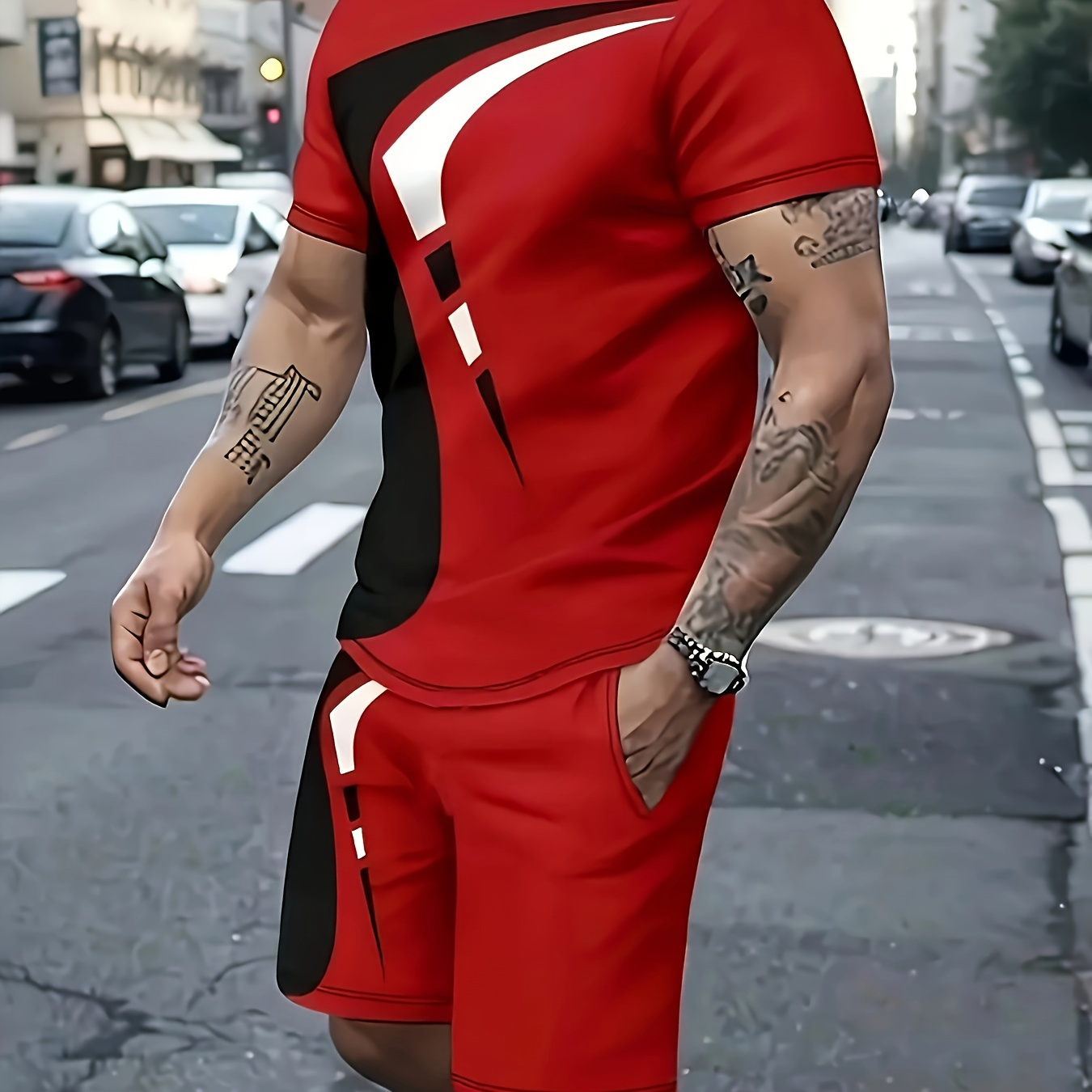 Men's Outfit, Geometric Pattern Casual Crew Neck Short Sleeve T-shirt & Drawstring Shorts 2-piece Set For Summer Outdoor Activities
Men's Outfit, Geometric Pattern Casual Crew Neck Short Sleeve T-shirt & Drawstring Shorts 2-piece Set For Summer Outdoor Activities