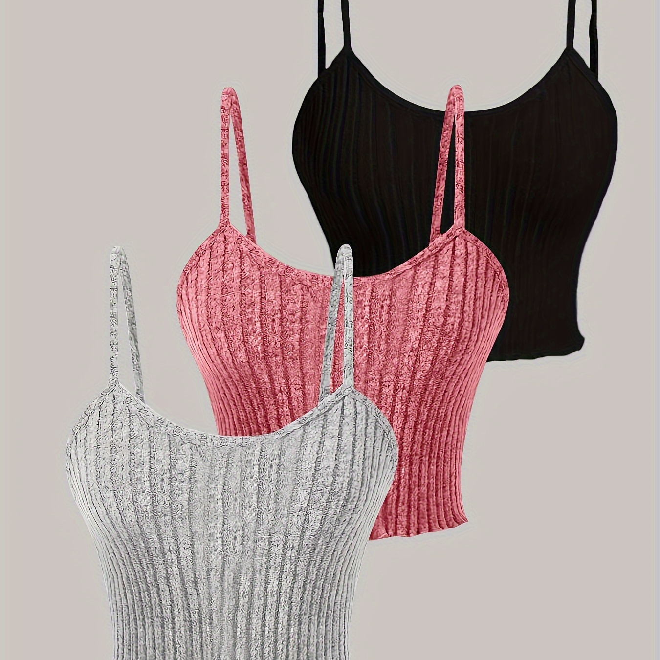 Solid Color Ribbed Cami Top 3 Packs, Casual Sleeveless Lettuce Trim Slim Top For Summer, Women's Clothing
Solid Color Ribbed Cami Top 3 Packs, Casual Sleeveless Lettuce Trim Slim Top For Summer, Women's Clothing