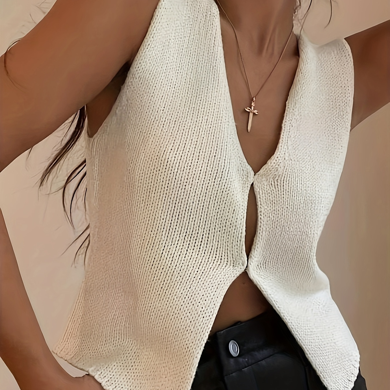 V Neck Split Hem Sweater Vest, Casual Sleeveless Knit Buckle Vest For Spring & Summer, Women's Clothing
V Neck Split Hem Sweater Vest, Casual Sleeveless Knit Buckle Vest For Spring & Summer, Women's Clothing