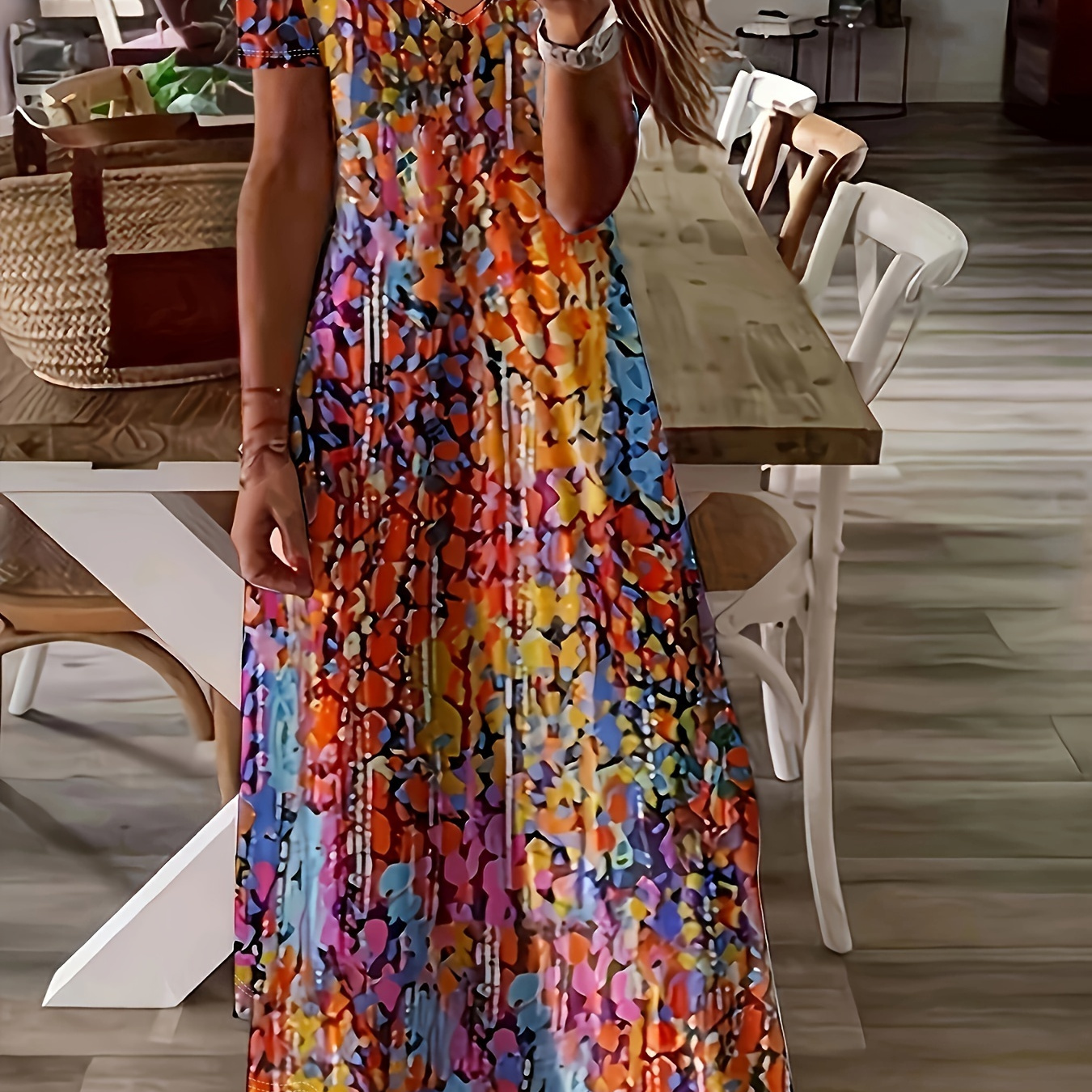 Plus Size Allover Print Long Length Dress, Casual Short Sleeve V Neck Dress For Spring & Summer, Women's Plus Size Clothing
Plus Size Allover Print Long Length Dress, Casual Short Sleeve V Neck Dress For Spring & Summer, Women's Plus Size Clothing