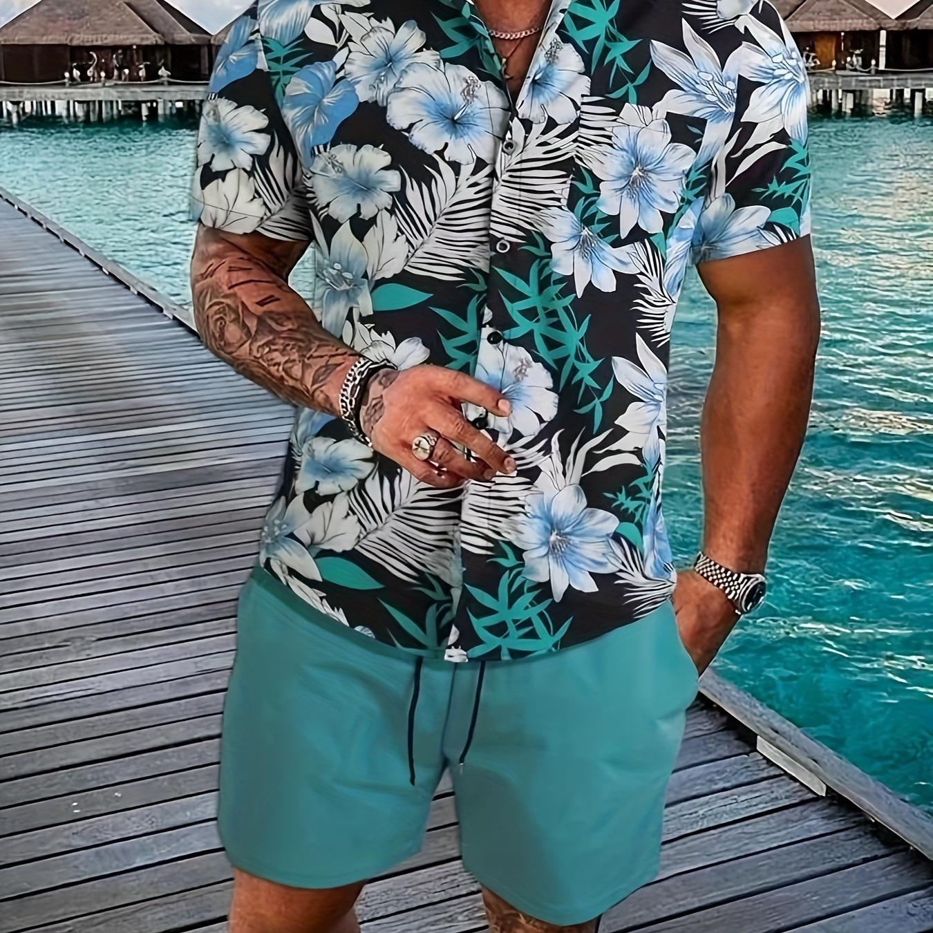 2-piece Men's Trendy Summer Vacation Outfit Set, Men's Floral Graphic Print Short Sleeve Lapel Shirt & Solid Drawstring Shorts Set
2-piece Men's Trendy Summer Vacation Outfit Set, Men's Floral Graphic Print Short Sleeve Lapel Shirt & Solid Drawstring Shorts Set