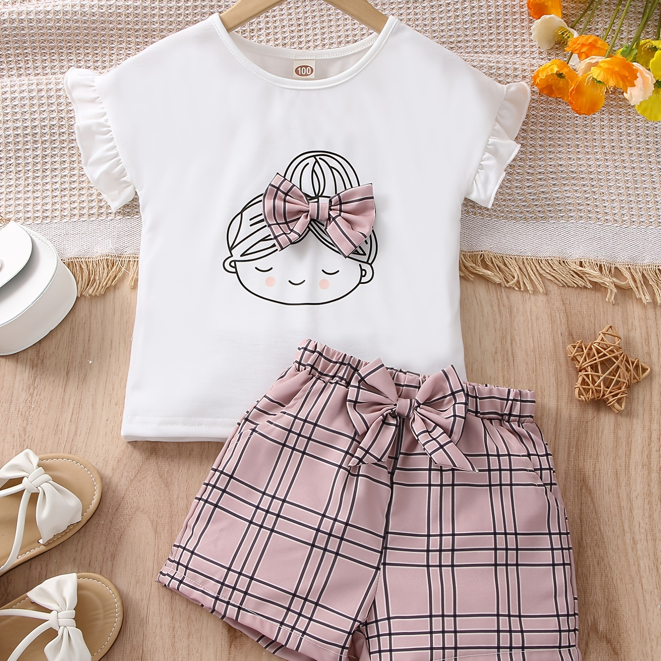 2pcs Girls Figure Graphic T-shirts Round Neck Ruffle Sleeve Tees Top & Elastic Waist Bow Plaid Shorts Set Kids Summer Clothes
2pcs Girls Figure Graphic T-shirts Round Neck Ruffle Sleeve Tees Top & Elastic Waist Bow Plaid Shorts Set Kids Summer Clothes