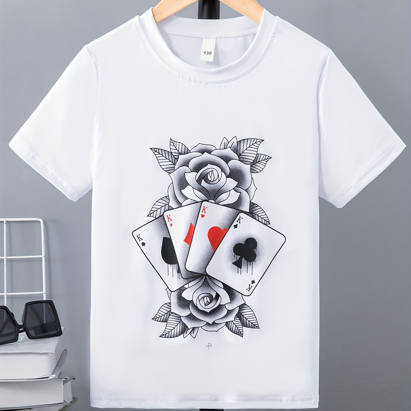Cards And Flower Print Tee Tops, Boys Round Neck Casual Short Sleeve Comfortable Soft Premium T-shirt
Cards And Flower Print Tee Tops, Boys Round Neck Casual Short Sleeve Comfortable Soft Premium T-shirt