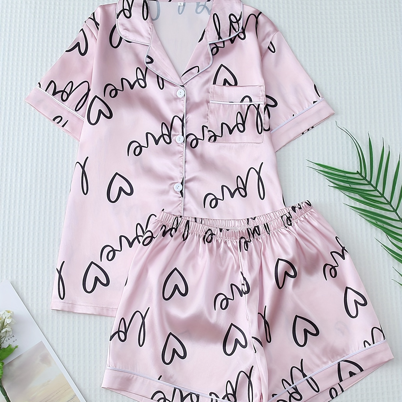 Casual Heart & Letter Print Satin Pajama Set, Short Sleeve Button Up Lapel Collar Top & Shorts, Women's Sleepwear & Loungewear
Casual Heart & Letter Print Satin Pajama Set, Short Sleeve Button Up Lapel Collar Top & Shorts, Women's Sleepwear & Loungewear