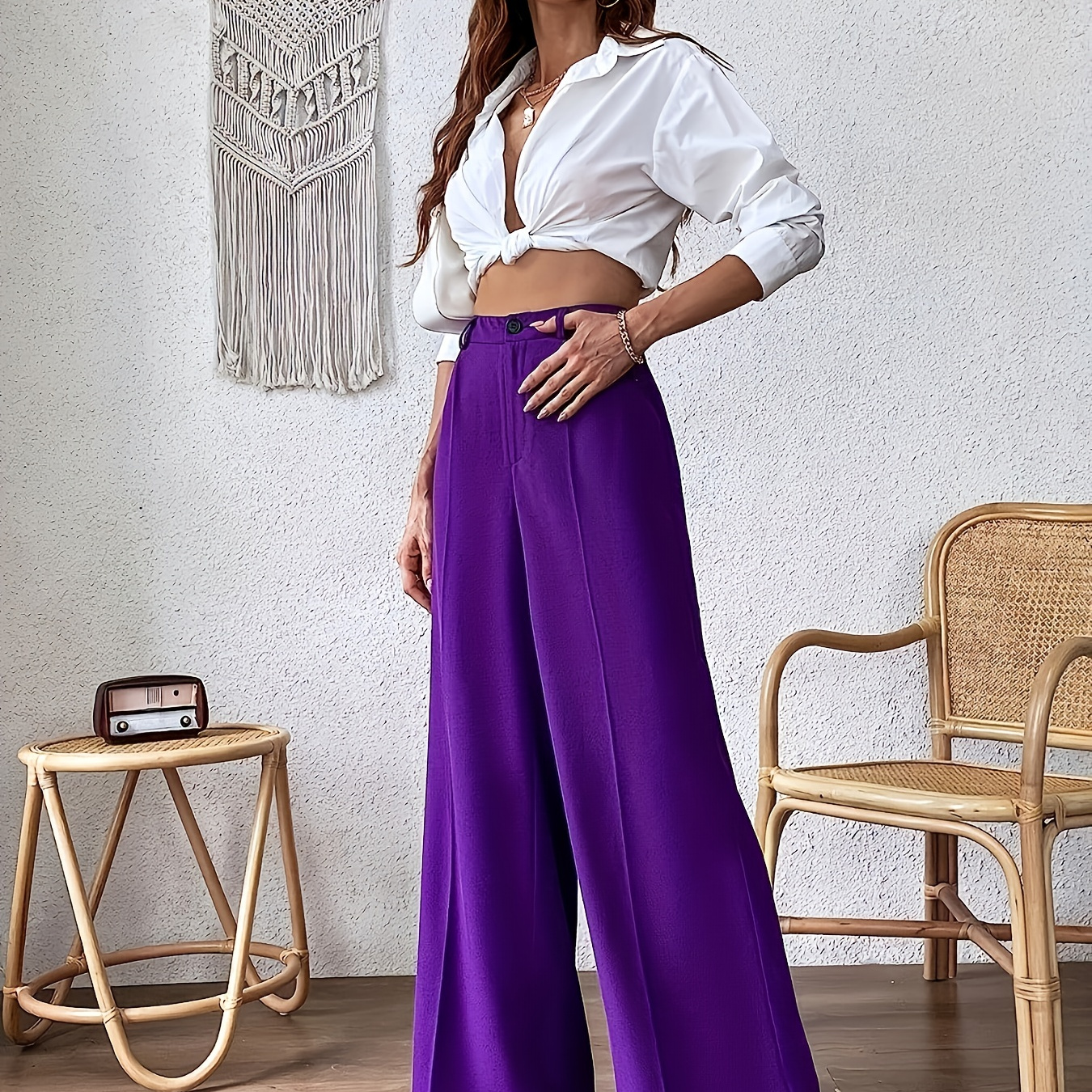 Plus Size Solid High Waist Wide Leg Pants, Elegant Button Loose Pants For Spring & Summer, Women's Plus Size Clothing
Plus Size Solid High Waist Wide Leg Pants, Elegant Button Loose Pants For Spring & Summer, Women's Plus Size Clothing