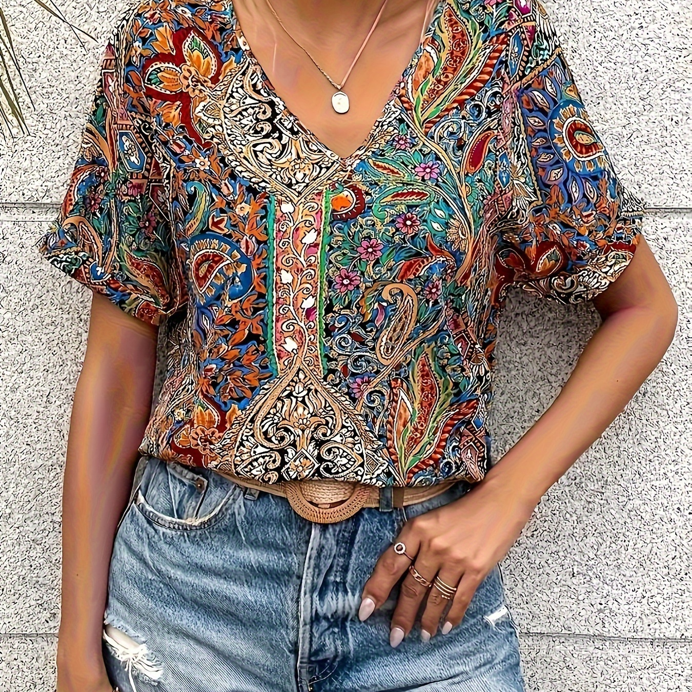 Paisley Print V Neck Blouse, Casual Short Sleeve Blouse For Spring & Summer, Women's Clothing
Paisley Print V Neck Blouse, Casual Short Sleeve Blouse For Spring & Summer, Women's Clothing