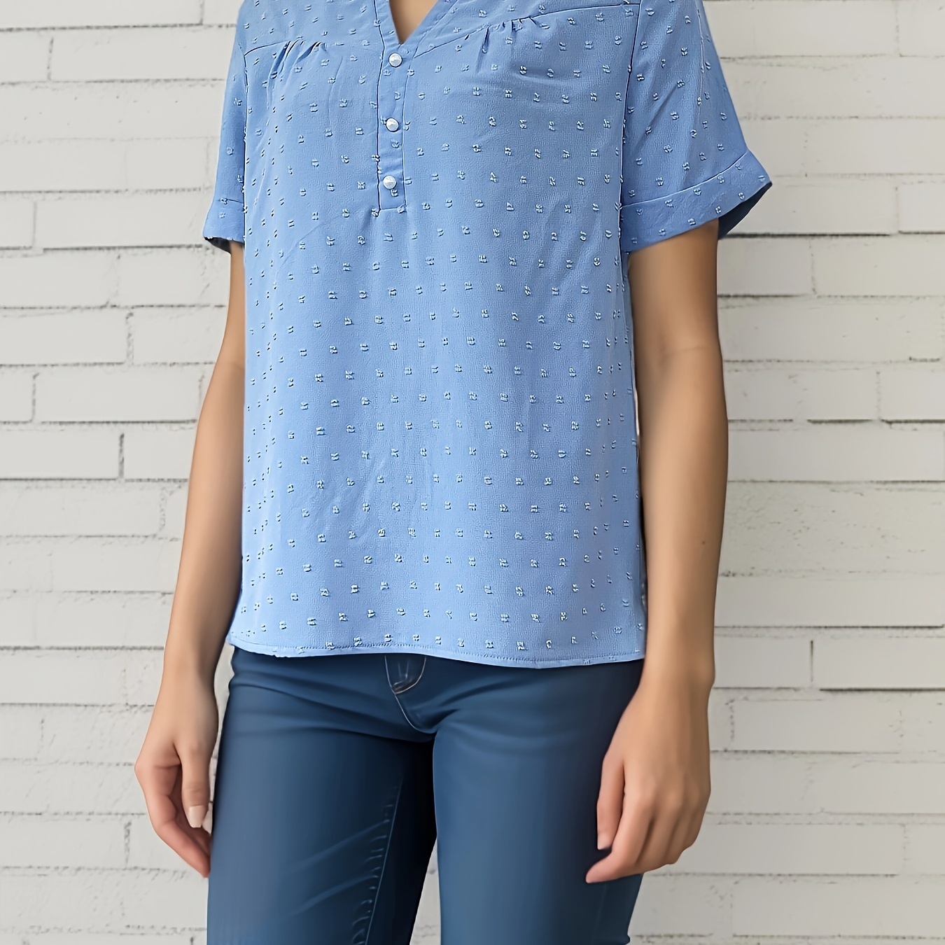 Solid Notched Neck Fake Button Top, Casual Short Sleeve Tunic For Summer, Women's Clothing
Solid Notched Neck Fake Button Top, Casual Short Sleeve Tunic For Summer, Women's Clothing
