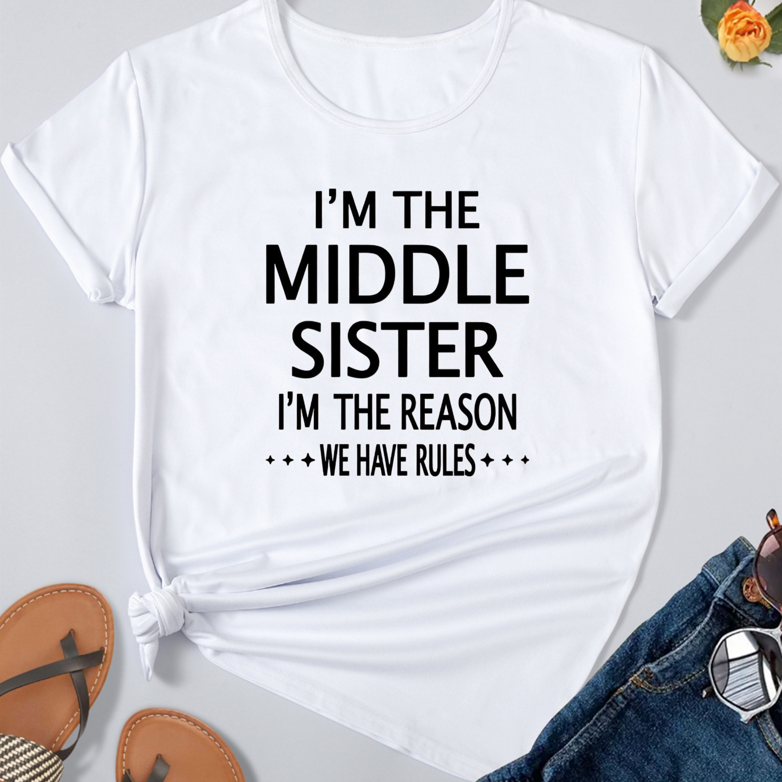 Middle Sister Letter Print T-shirt, Casual Short Sleeve Crew Neck Top For Spring & Summer, Women's Clothing
Middle Sister Letter Print T-shirt, Casual Short Sleeve Crew Neck Top For Spring & Summer, Women's Clothing