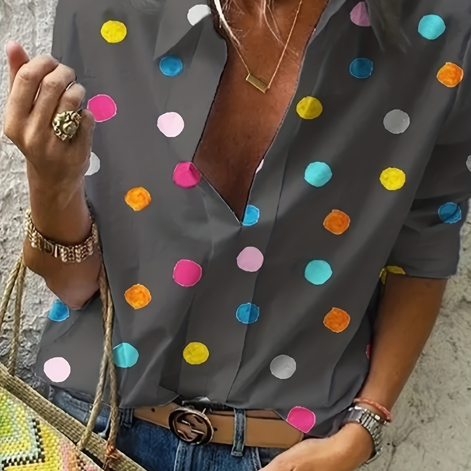 Plus Size Casual Blouse, Women's Plus Multicolor Polka Dot Print Long Sleeve Lapel Collar Shirt
Plus Size Casual Blouse, Women's Plus Multicolor Polka Dot Print Long Sleeve Lapel Collar Shirt