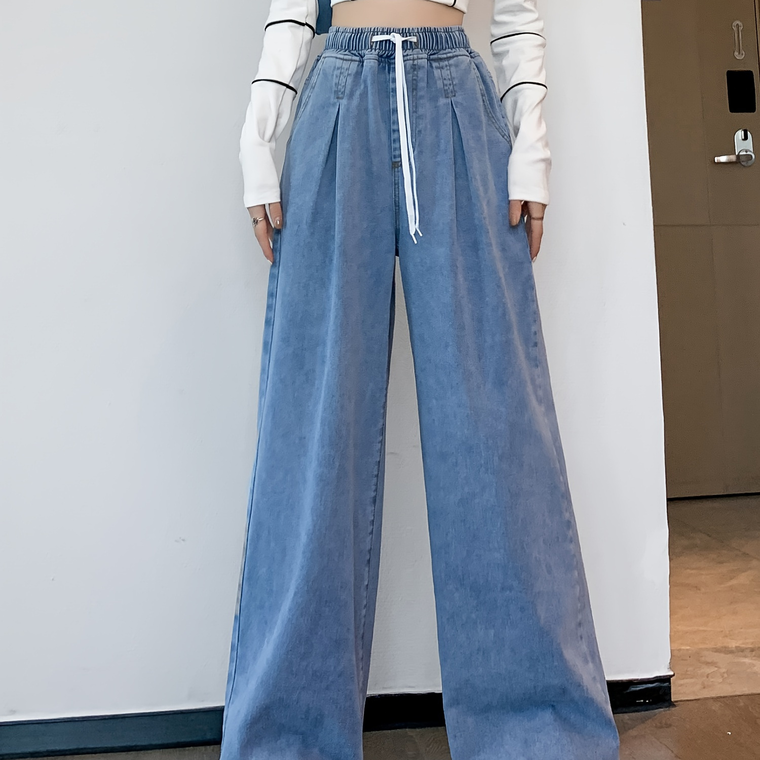 Women's Plus Size Drawstring High Waisted Wide-leg Denim Pants With Pockets, Elastic Waist Straight Loose Casual Blue For Women, Non-stretch, Women's Denim Jeans & Clothing
Women's Plus Size Drawstring High Waisted Wide-leg Denim Pants With Pockets, Elastic Waist Straight Loose Casual Blue For Women, Non-stretch, Women's Denim Jeans & Clothing