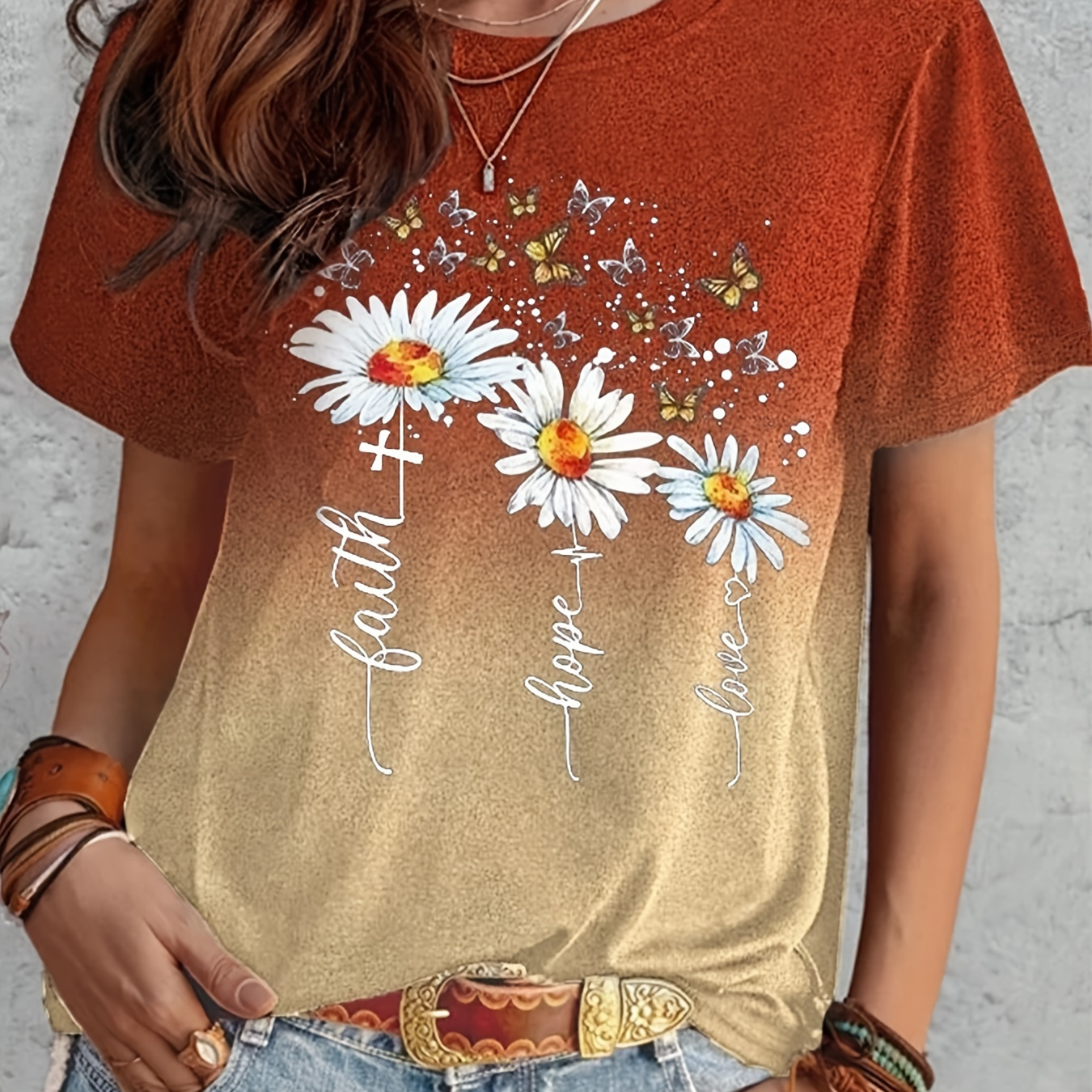

Plus Size Casual T-shirt, Women's Plus Ombre Daisy & Butterfly Print Short Sleeve Round Neck Slight Stretch T-shirt