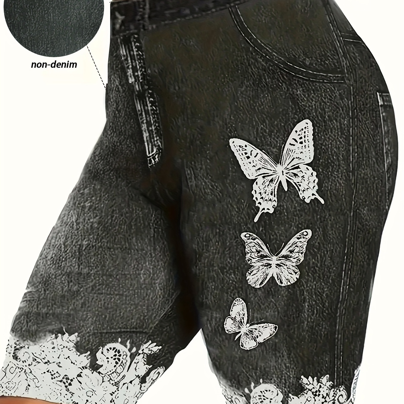 Plus Size Faux Denim Butterfly Print Leggings, Casual High Waist Short Leggings For Spring & Summer, Women's Plus Size Clothing
Plus Size Faux Denim Butterfly Print Leggings, Casual High Waist Short Leggings For Spring & Summer, Women's Plus Size Clothing