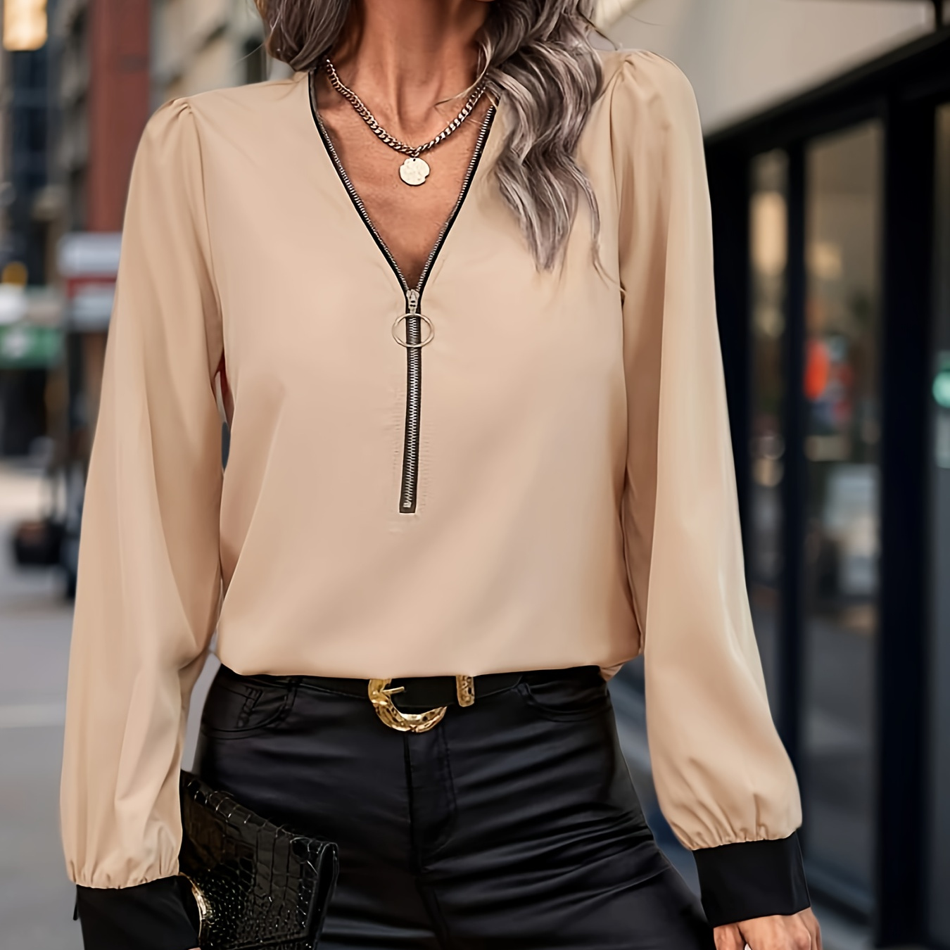 Contrast Trim Zipper V-neck Blouse, Elegant Long Sleeve Blouse For Spring & Fall, Women's Clothing
Contrast Trim Zipper V-neck Blouse, Elegant Long Sleeve Blouse For Spring & Fall, Women's Clothing
