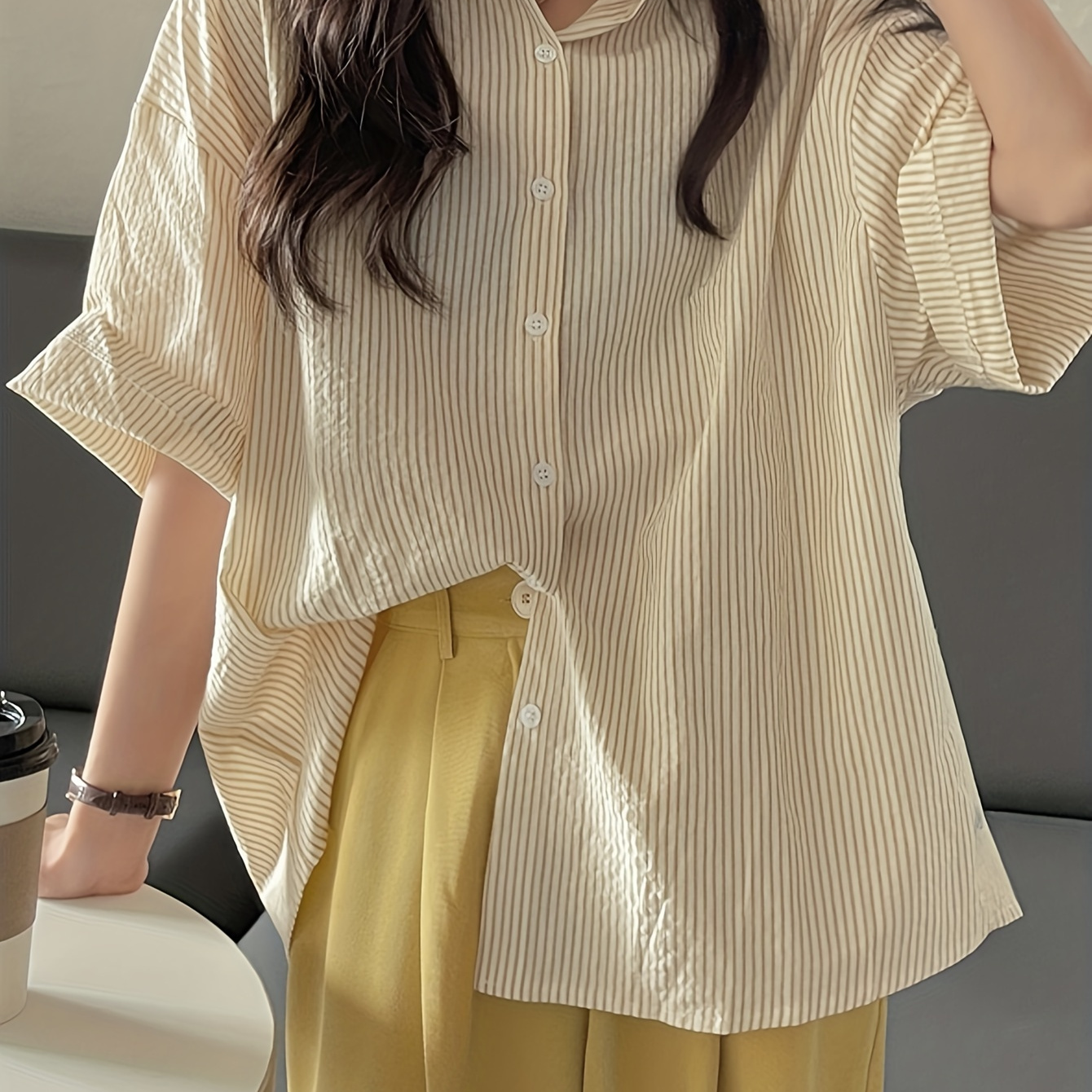Striped Print Drop Shoulder Loose Blouse, Casual Button Up Half Sleeve Collared Blouse, Women's Clothing
Striped Print Drop Shoulder Loose Blouse, Casual Button Up Half Sleeve Collared Blouse, Women's Clothing