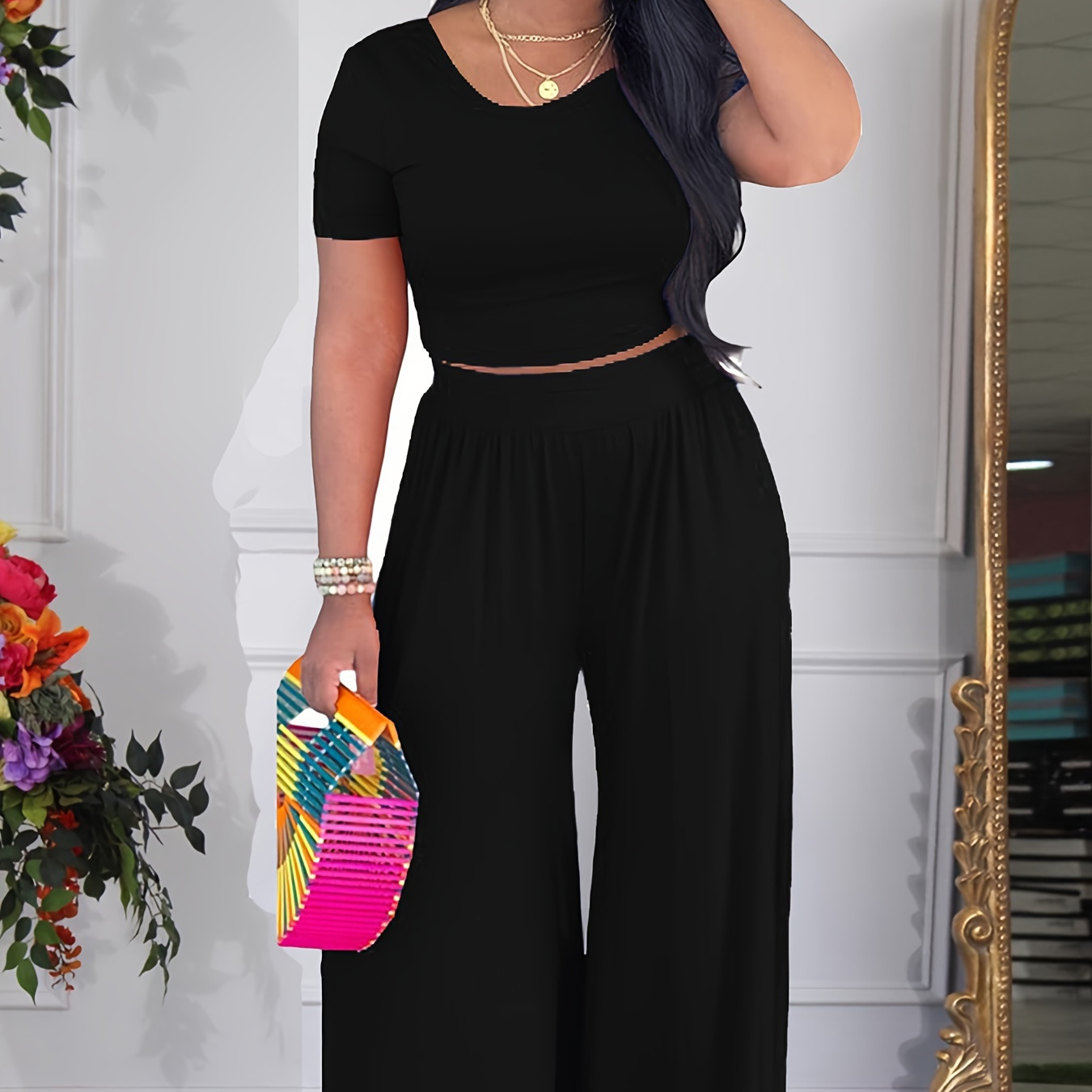 Solid Two-piece Set, Casual Short Sleeve T-shirt & Wide Leg Pants Outfits, Women's Clothing
Solid Two-piece Set, Casual Short Sleeve T-shirt & Wide Leg Pants Outfits, Women's Clothing