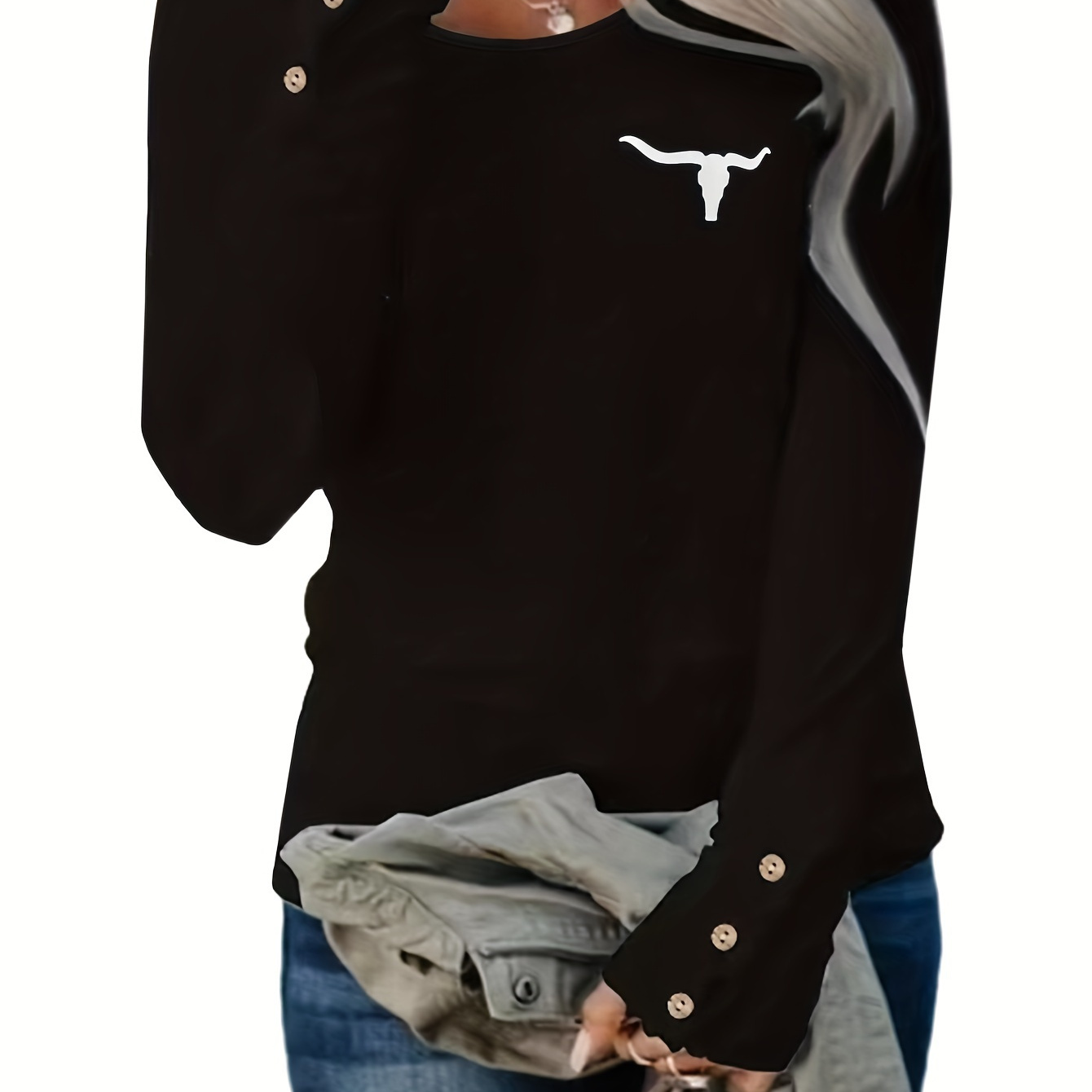 Cow & Letter Print Button Decor T-shirt, Vintage Crew Neck Long Sleeve T-shirt For Spring & Fall, Women's Clothing
Cow & Letter Print Button Decor T-shirt, Vintage Crew Neck Long Sleeve T-shirt For Spring & Fall, Women's Clothing