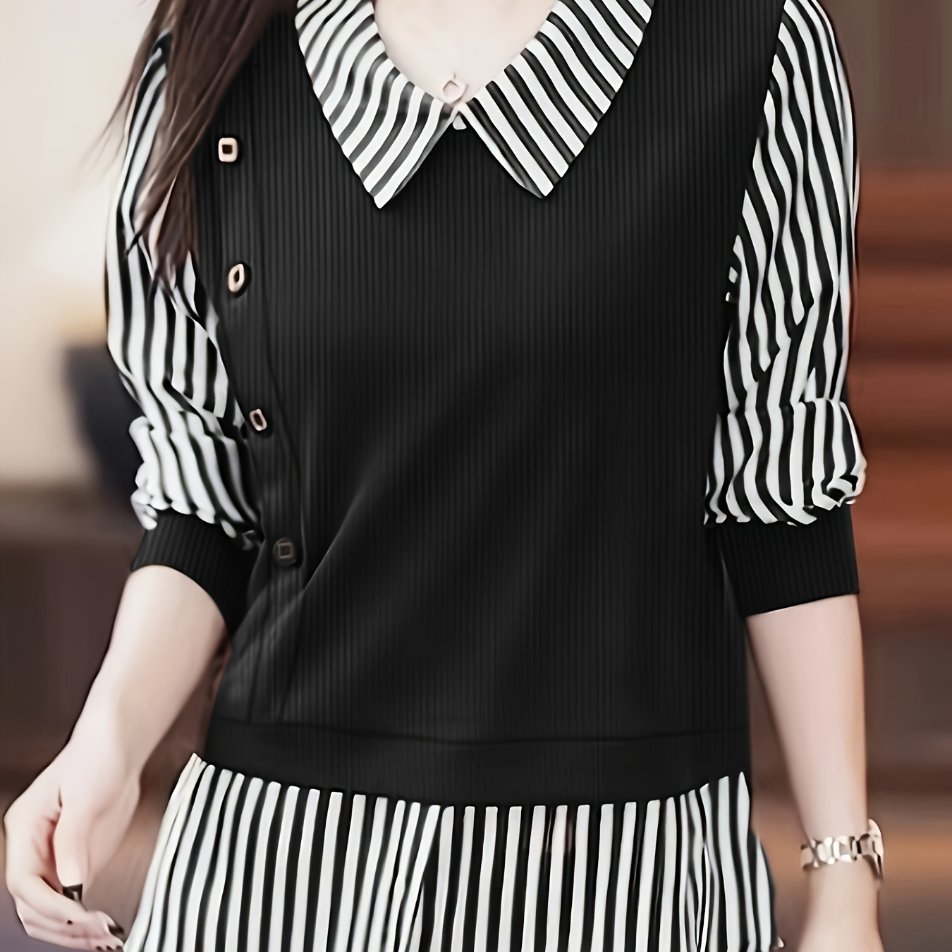 2 In 1 Striped Patchwork Button Decor Blouse, Chic Long Sleeve Blouse For Spring & Fall, Women's Clothing
2 In 1 Striped Patchwork Button Decor Blouse, Chic Long Sleeve Blouse For Spring & Fall, Women's Clothing