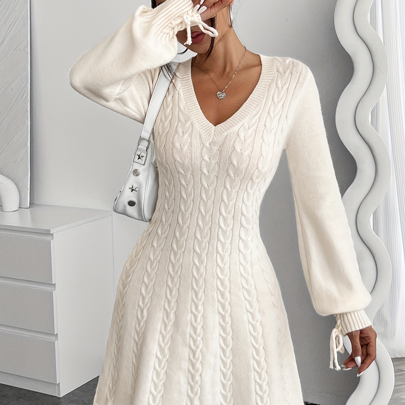 Cable Knit V-neck Slim Sweater Dress, Elegant Lantern Sleeve Knitted Dress For Fall & Winter, Women's Clothing
Cable Knit V-neck Slim Sweater Dress, Elegant Lantern Sleeve Knitted Dress For Fall & Winter, Women's Clothing
