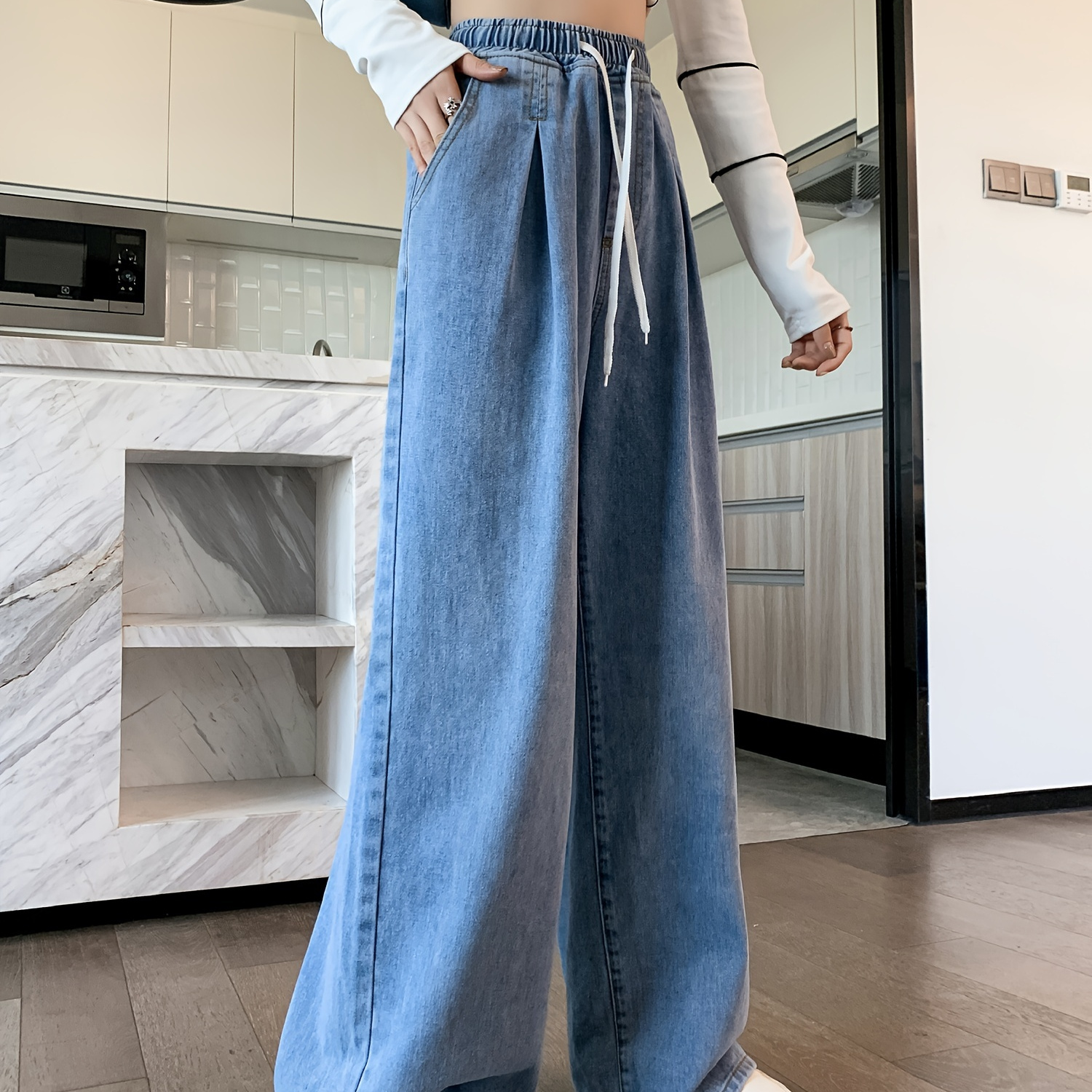 Women's Drawstring High Waisted Wide-leg Denim Pants With Pockets, Elastic Waist Straight Loose Casual Blue For Women, Non-stretch, Women's Denim Jeans & Clothing
Women's Drawstring High Waisted Wide-leg Denim Pants With Pockets, Elastic Waist Straight Loose Casual Blue For Women, Non-stretch, Women's Denim Jeans & Clothing