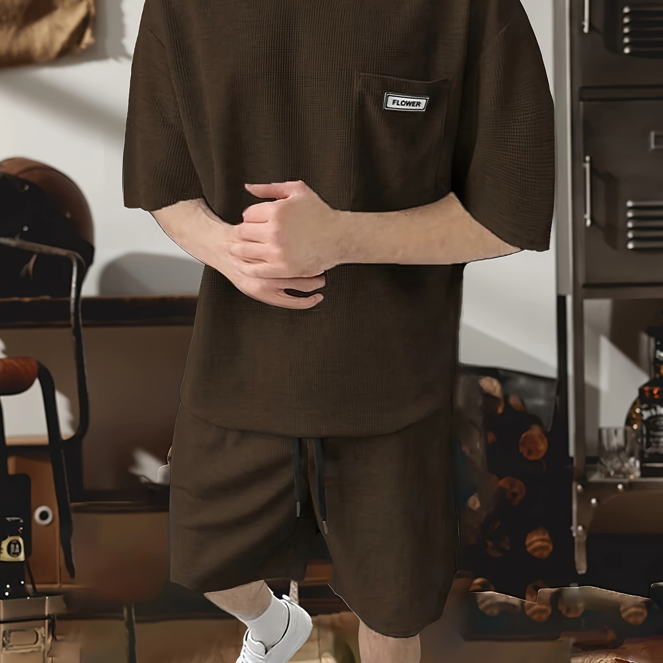 2-piece Men's Solid Waffle Summer Outfit Set, Men's Short Sleeve Crew Neck T-shirt & Drawstring Shorts With Pockets
2-piece Men's Solid Waffle Summer Outfit Set, Men's Short Sleeve Crew Neck T-shirt & Drawstring Shorts With Pockets