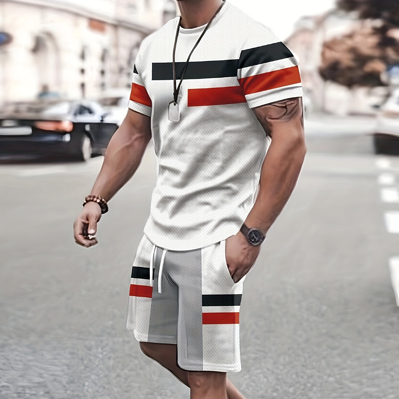 2-piece Men's Summer Leisurewear Set, Color Block Style Men's Short Sleeve Crew Neck T-shirt & Drawstring Shorts Set
2-piece Men's Summer Leisurewear Set, Color Block Style Men's Short Sleeve Crew Neck T-shirt & Drawstring Shorts Set