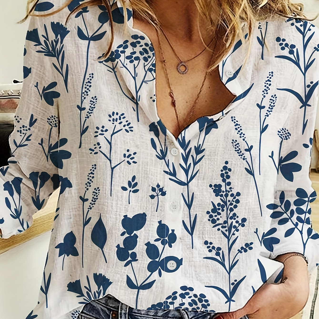 Women's Floral Print Long Sleeve Shirt, Casual Polyester Blouse With Lapel Collar, Loose Fit, Button Detail, Single Breasted , Regular Length - Fall/
Women's Floral Print Long Sleeve Shirt, Casual Polyester Blouse With Lapel Collar, Loose Fit, Button Detail, Single Breasted , Regular Length - Fall/