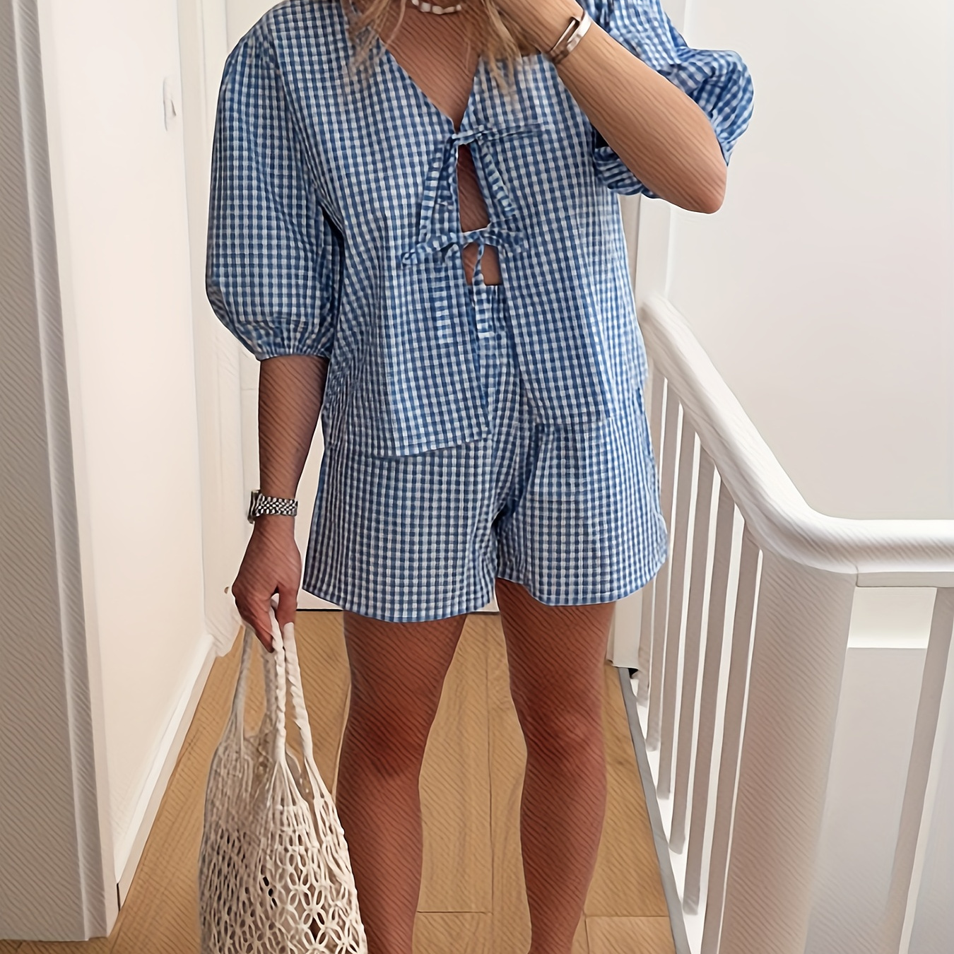 Gingham Shorts Set, Tie Front Half Sleeve Blouse & Waist Shorts Outfits, Women's Clothing
Gingham Shorts Set, Tie Front Half Sleeve Blouse & Waist Shorts Outfits, Women's Clothing