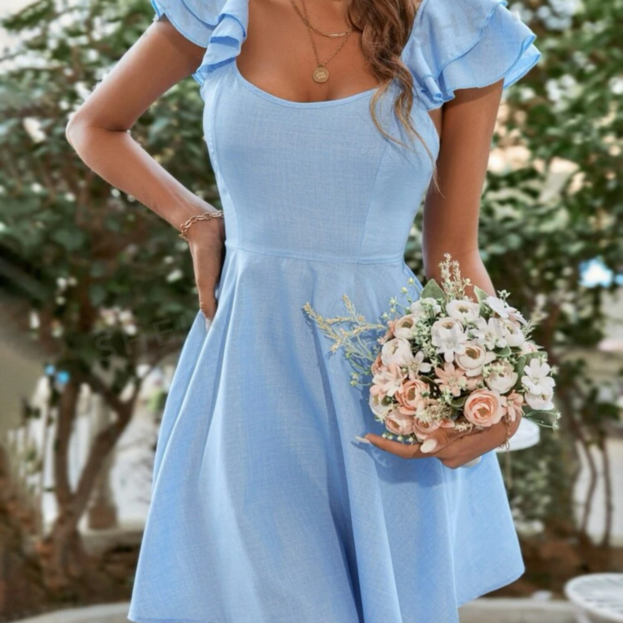 Square Neck Ruffle Trim Dress, Elegant Solid Flutter Sleeve Backless Bow A-line Dress, Women's Clothing
Square Neck Ruffle Trim Dress, Elegant Solid Flutter Sleeve Backless Bow A-line Dress, Women's Clothing