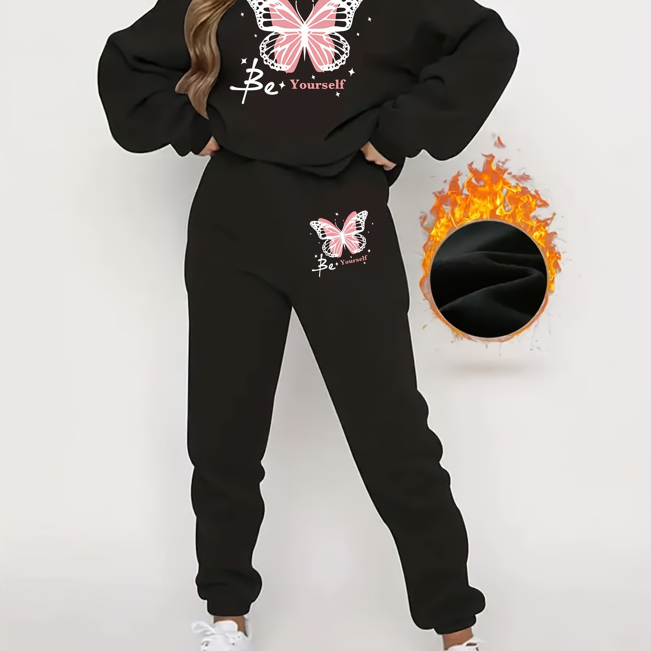Cozy Fleece-lined Butterfly Print Women's Activewear Set - Crew Neck Sweatshirt & Joggers, Non-stretch Polyester
Cozy Fleece-lined Butterfly Print Women's Activewear Set - Crew Neck Sweatshirt & Joggers, Non-stretch Polyester
