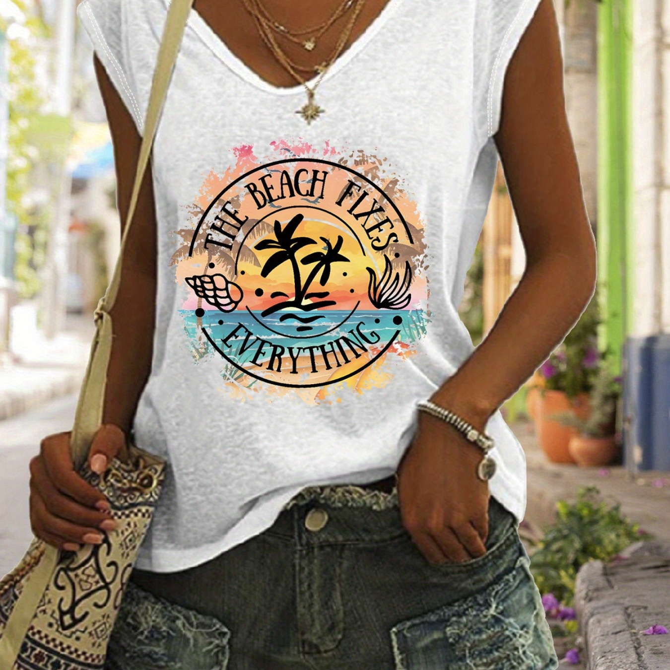 Letter & Coconut Tree Print Tank Top, Cap Sleeve Casual Top For Summer & Spring, Women's Clothing
Letter & Coconut Tree Print Tank Top, Cap Sleeve Casual Top For Summer & Spring, Women's Clothing
