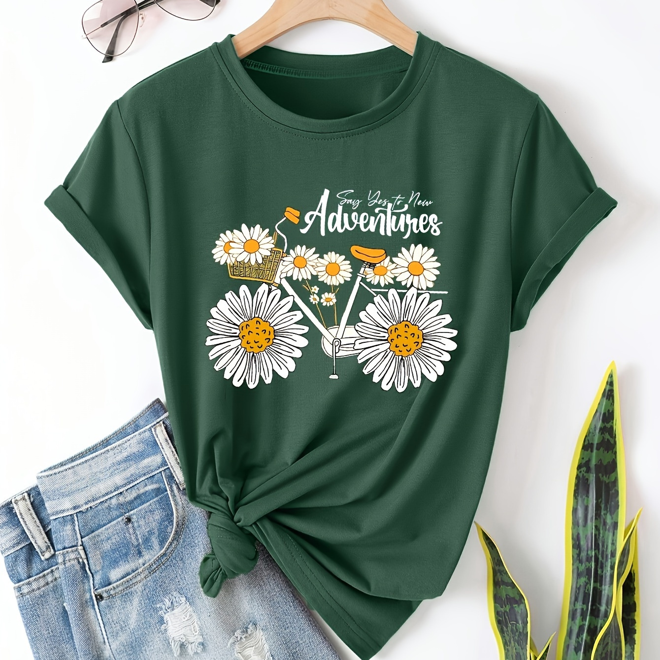 1pc Women's Casual Round Neck Short Sleeve T-shirt With Geometric Daisy Pattern, Polyester Knit Fabric, Regular Length - Summer Top
1pc Women's Casual Round Neck Short Sleeve T-shirt With Geometric Daisy Pattern, Polyester Knit Fabric, Regular Length - Summer Top
