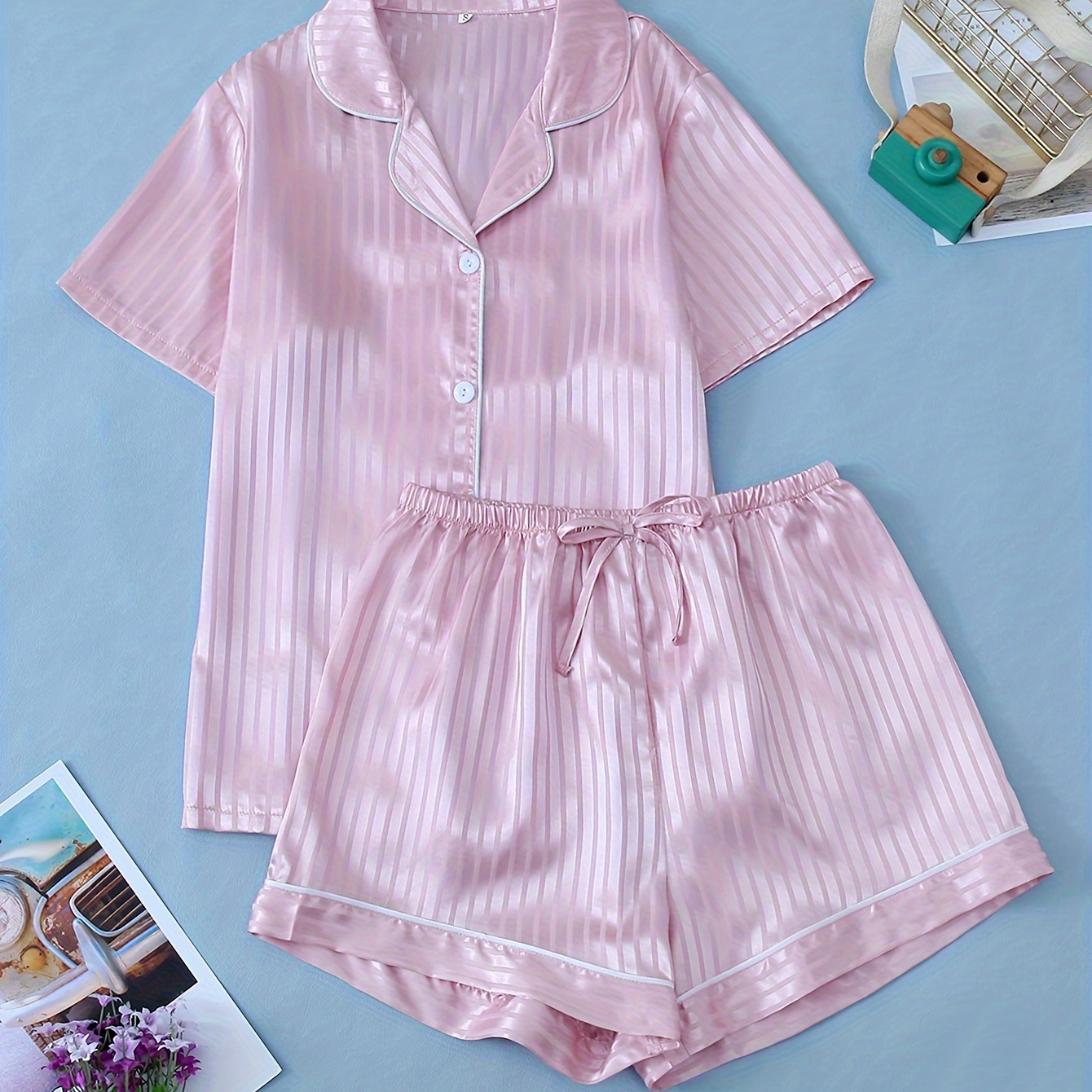 Striped Satin Pajama Set, Casual Short Sleeve Buttons Lapel Top & Elastic Shorts, Women's Sleepwear
Striped Satin Pajama Set, Casual Short Sleeve Buttons Lapel Top & Elastic Shorts, Women's Sleepwear