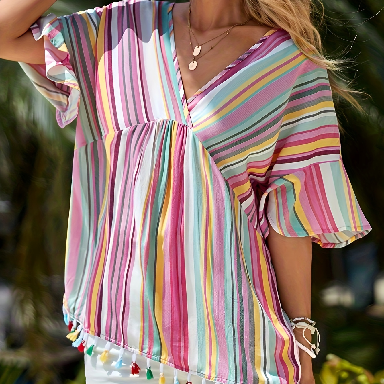 Colorful Stripe Surplice Neck Tassel Blouse, Elegant Ruffle Trim Sleeve Blouse For Spring & Summer, Women's Clothing
Colorful Stripe Surplice Neck Tassel Blouse, Elegant Ruffle Trim Sleeve Blouse For Spring & Summer, Women's Clothing