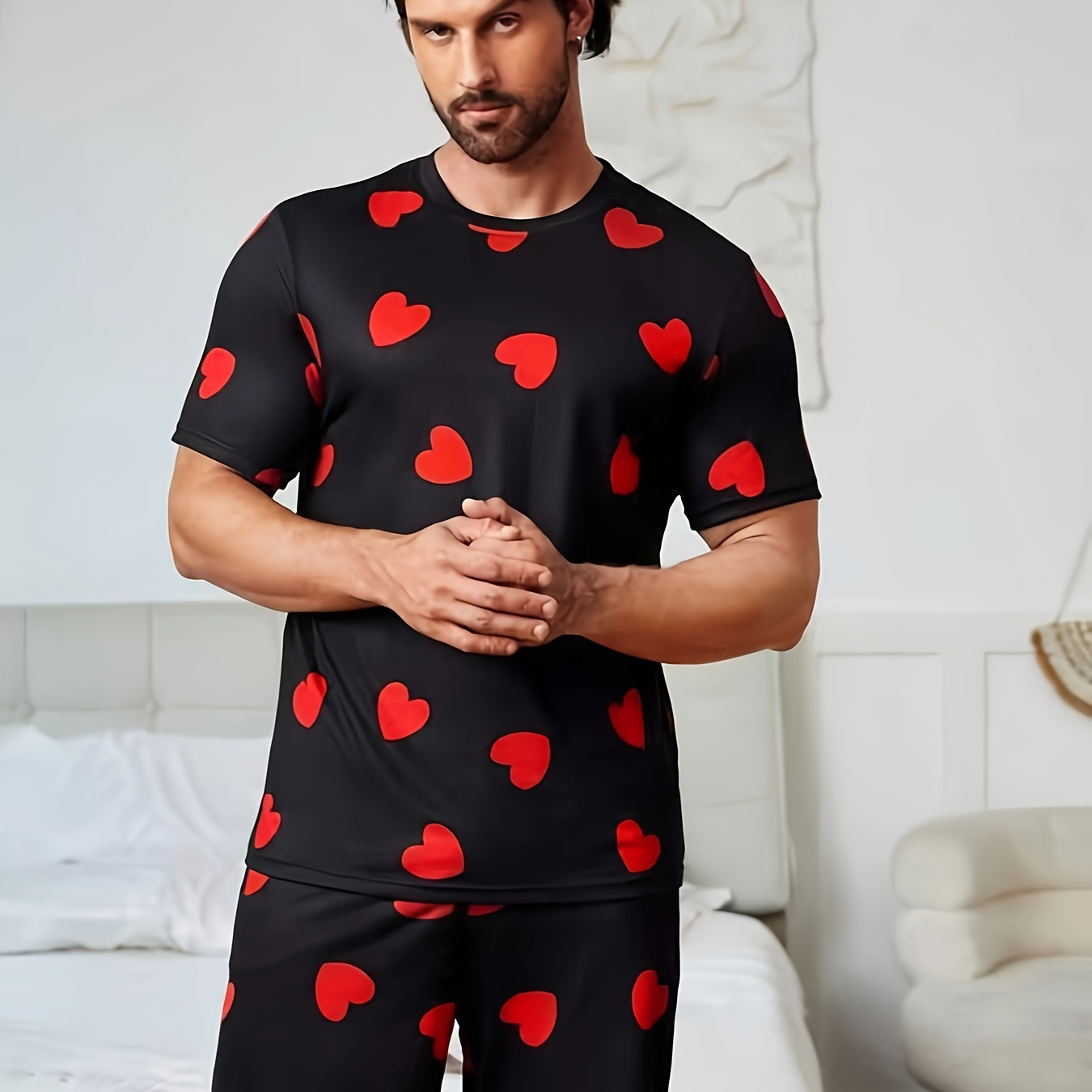 Men's Trendy Casual Comfy Love Heart Pattern Print Tees & Shorts, Home Pajamas Sets, Casual Sets For Summer, As Valentine's Day Gifts
Men's Trendy Casual Comfy Love Heart Pattern Print Tees & Shorts, Home Pajamas Sets, Casual Sets For Summer, As Valentine's Day Gifts