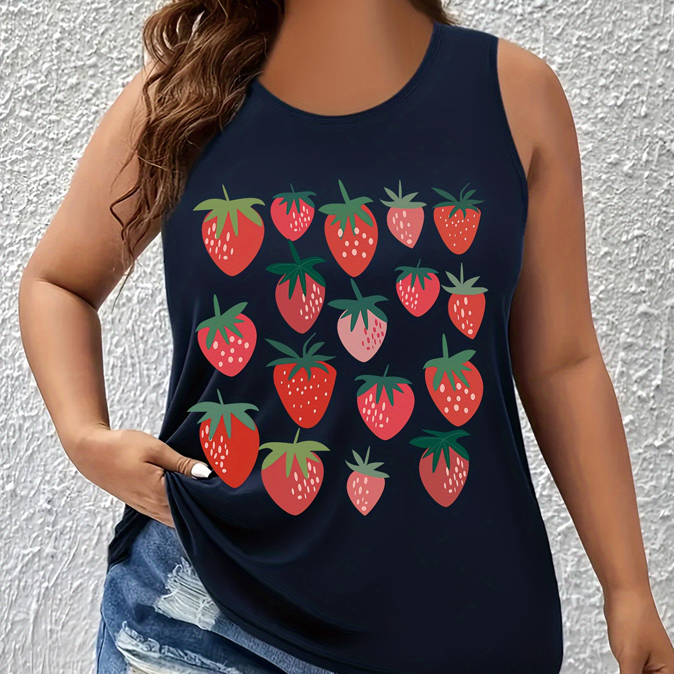 Plus Size Strawberry Print Tank Top, Casual Sleeveless Crew Neck Top For Summer & Spring, Women's Plus Size Clothing
Plus Size Strawberry Print Tank Top, Casual Sleeveless Crew Neck Top For Summer & Spring, Women's Plus Size Clothing