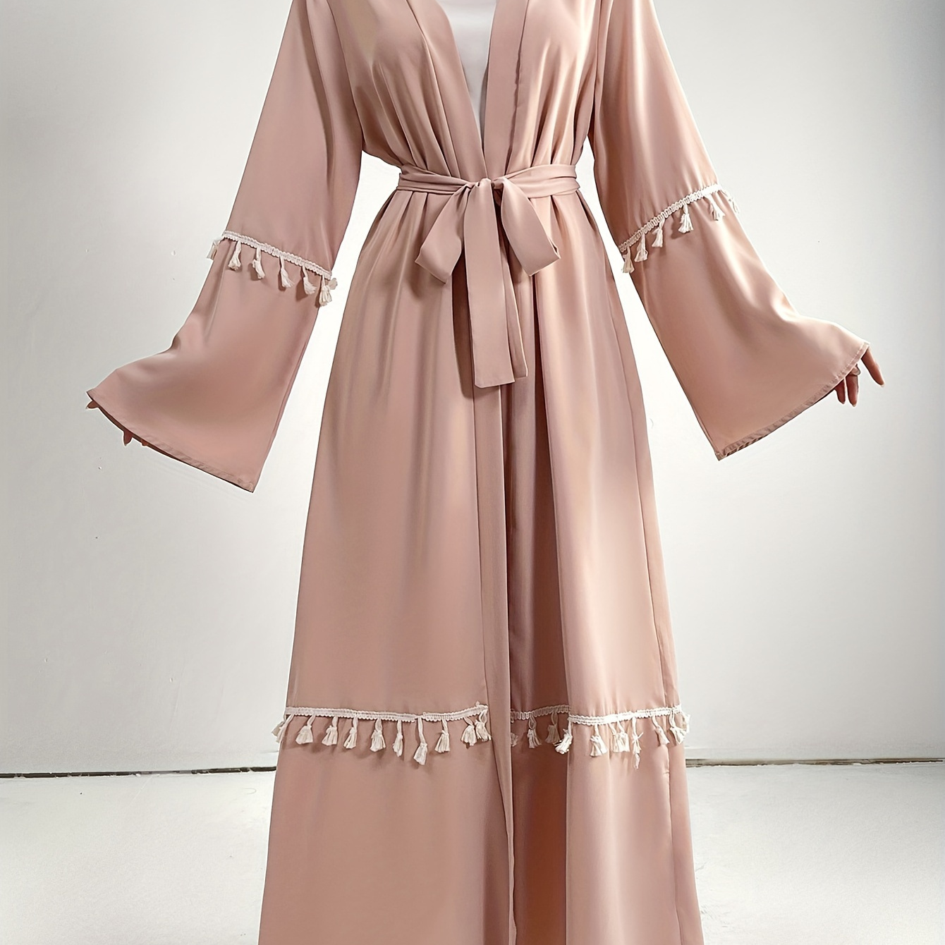 Solid Color Tie Waist Dress, Elegant Pom Pom Trim Long Sleeve Maxi Length Dress For Spring & Summer, Women's Clothing
Solid Color Tie Waist Dress, Elegant Pom Pom Trim Long Sleeve Maxi Length Dress For Spring & Summer, Women's Clothing