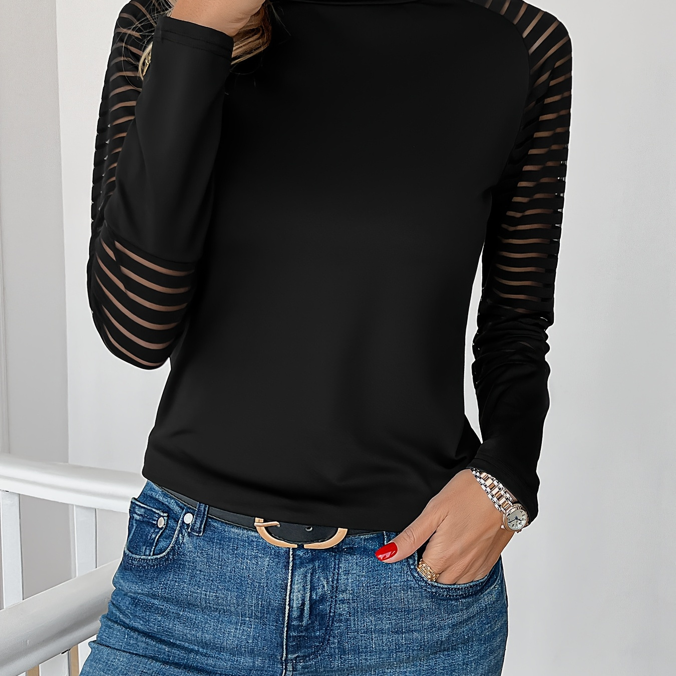 Elegant High Neck Long Sleeve T-shirt For Women, Solid Color Knit Polyester Top, Regular Fit Pullover, With Sheer Sleeve Detail, For Spring/fall
Elegant High Neck Long Sleeve T-shirt For Women, Solid Color Knit Polyester Top, Regular Fit Pullover, With Sheer Sleeve Detail, For Spring/fall