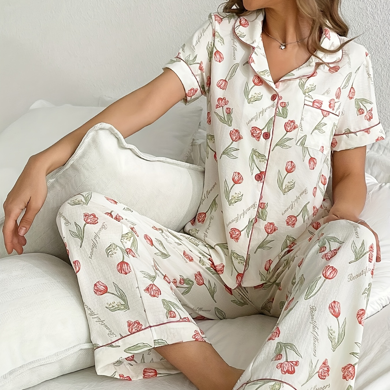Elegant Floral Print Pajama Set For Women - Spring/fall Collection, Polyester Woven Fabric, Short Sleeve Top With Long Elastic Waist Pants, Comfortable Casual Wear
Elegant Floral Print Pajama Set For Women - Spring/fall Collection, Polyester Woven Fabric, Short Sleeve Top With Long Elastic Waist Pants, Comfortable Casual Wear