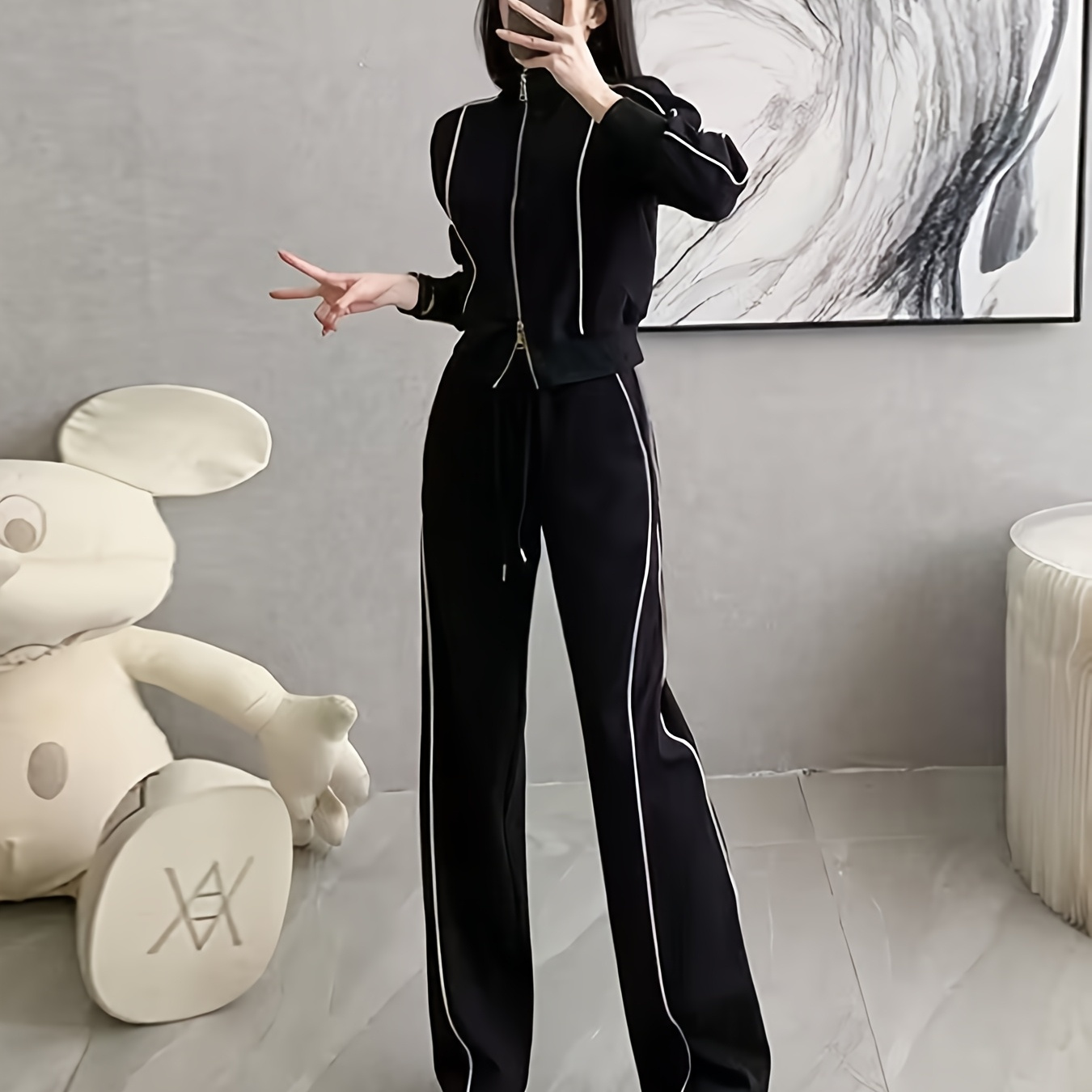 Women' Zip-up Cardigan And High-waist Wide-leg Pants Set, Casual Sportswear, Polyester , Long Sleeve, Solid Color, Spring/fall 2024 Collection, European And , Black Collar, High-grade
Women' Zip-up Cardigan And High-waist Wide-leg Pants Set, Casual Sportswear, Polyester , Long Sleeve, Solid Color, Spring/fall 2024 Collection, European And , Black Collar, High-grade