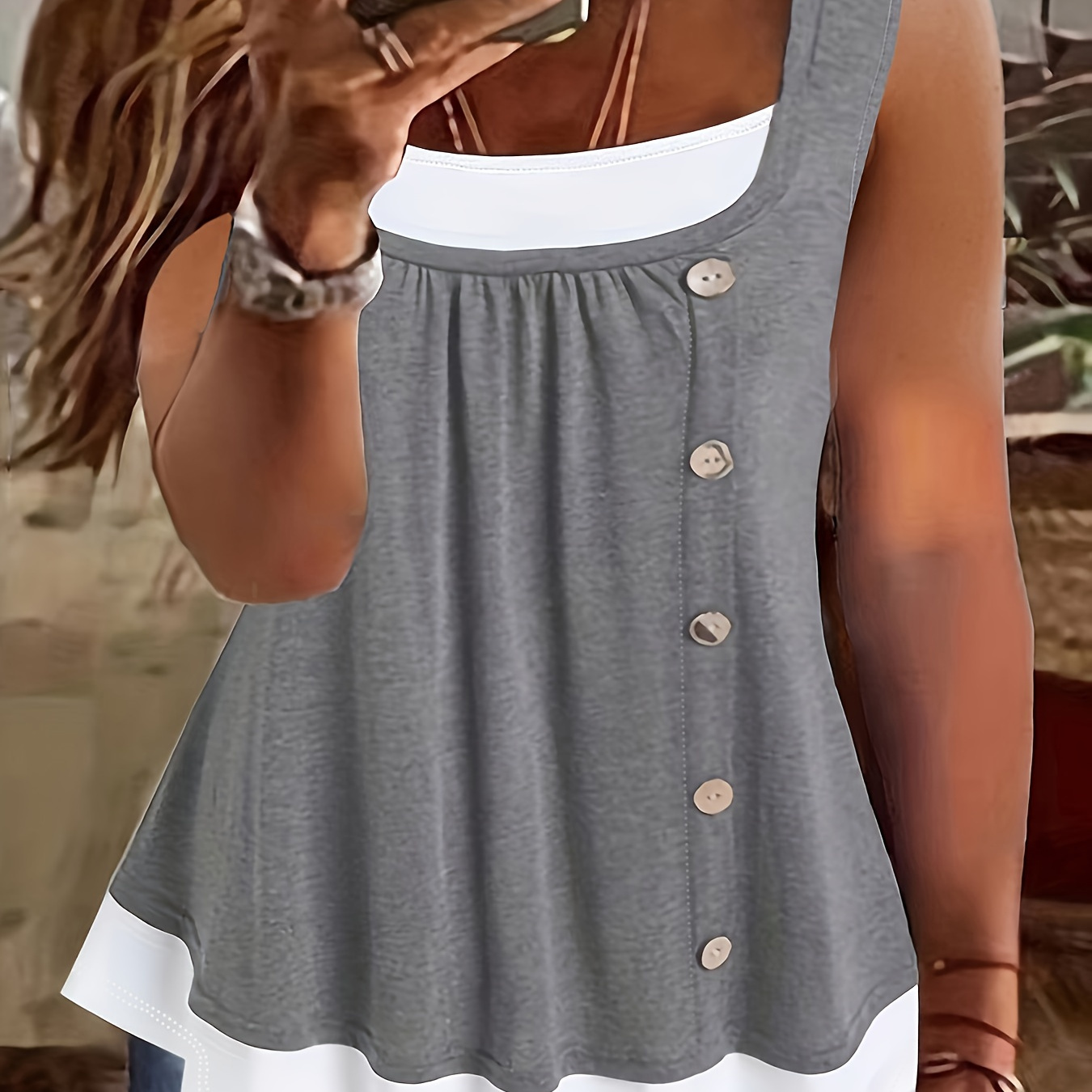 Plus Size Button Decor Tank Top, Casual Crew Neck Sleeveless Tank Top For Summer, Women's Plus Size clothing
Plus Size Button Decor Tank Top, Casual Crew Neck Sleeveless Tank Top For Summer, Women's Plus Size clothing