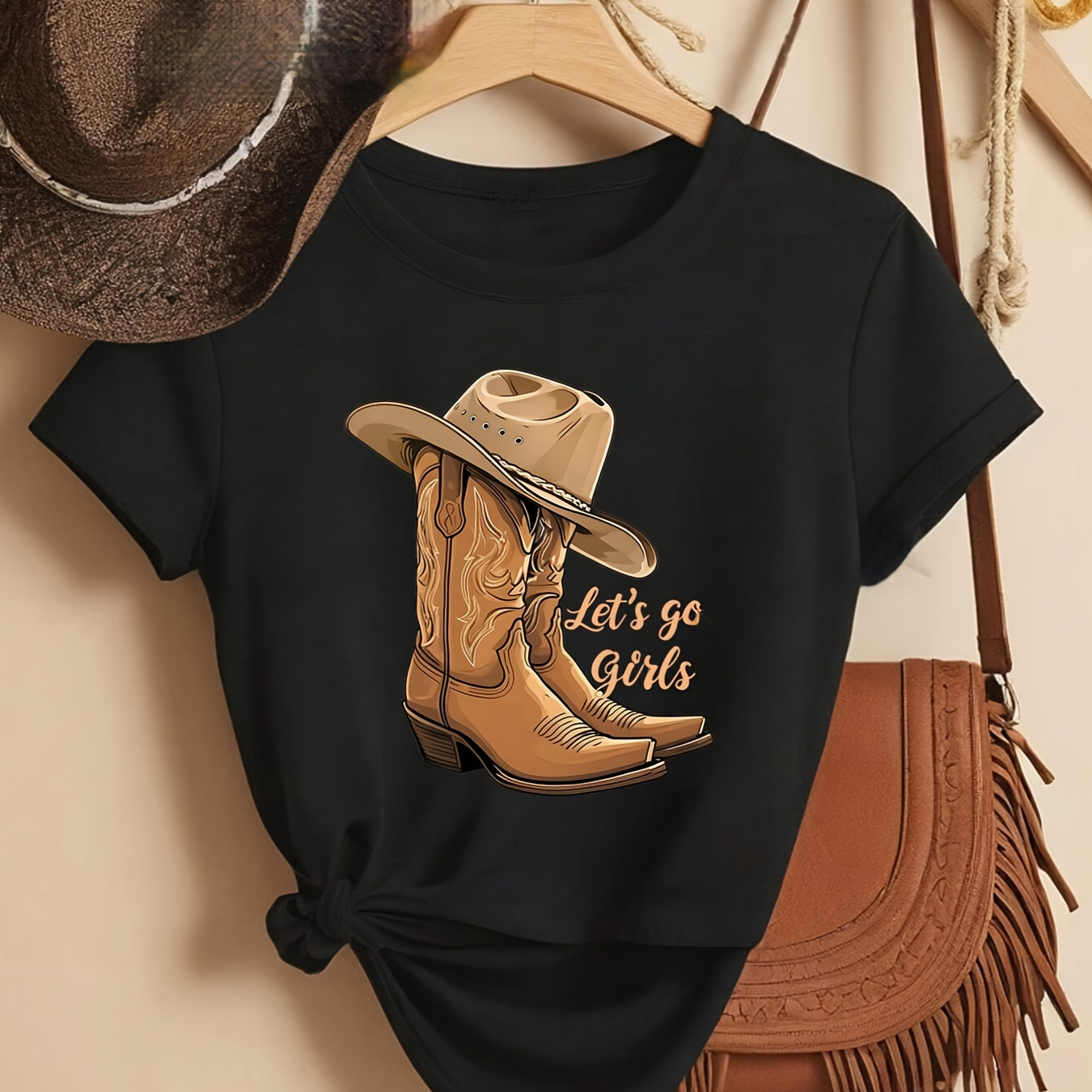 Women's Casual Crew Neck T-shirt With Cowboy Boots And Hat Monogram Print, Polyester 60% Rayon 35% Spandex 5%, Anime Pattern, Regular Length, Spring/summer/fall Top, Western T Shirts
Women's Casual Crew Neck T-shirt With Cowboy Boots And Hat Monogram Print, Polyester 60% Rayon 35% Spandex 5%, Anime Pattern, Regular Length, Spring/summer/fall Top, Western T Shirts